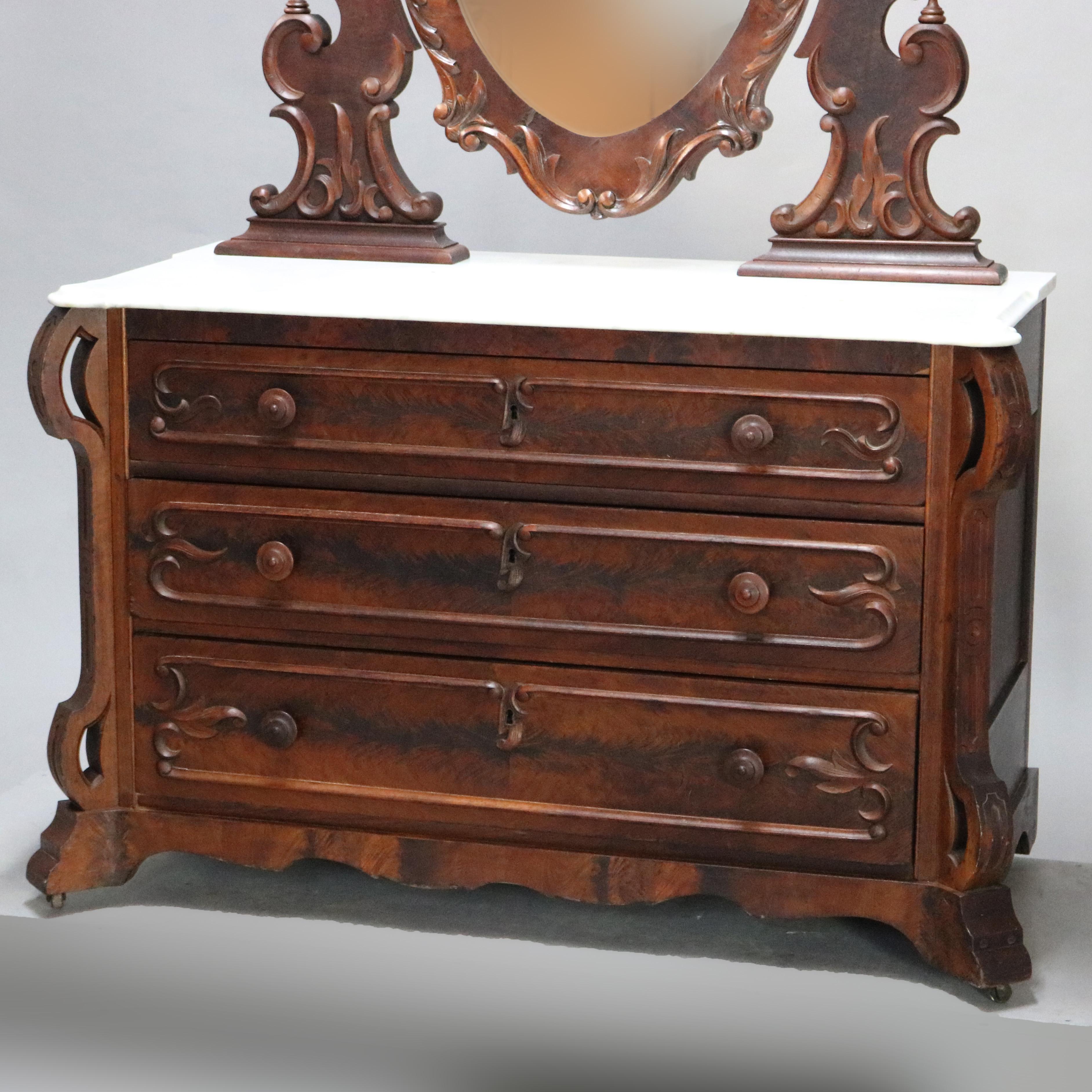 Antique Renaissance Revival Flame Mahogany and Marble Dresser, circa 1880 For Sale 6