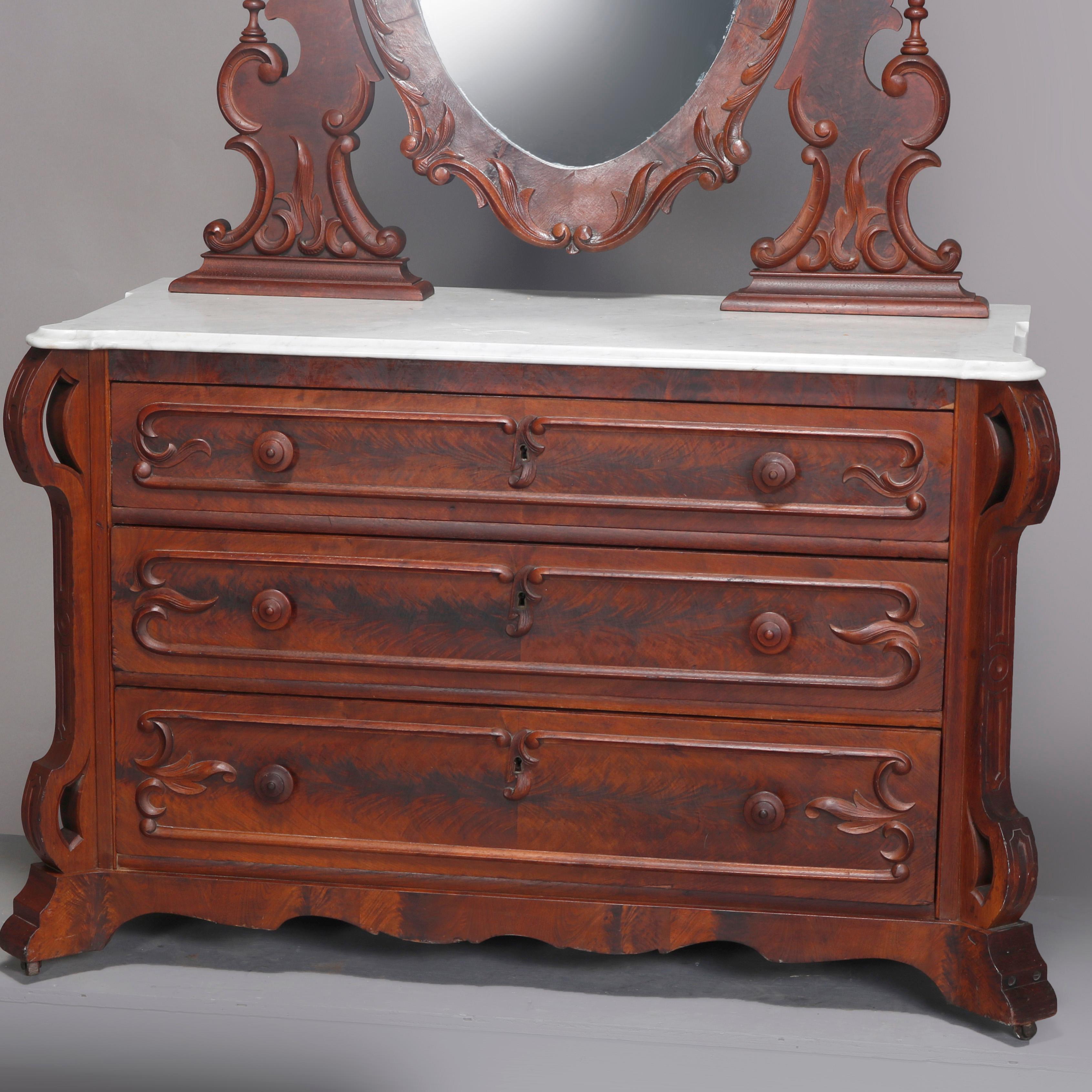 American Antique Renaissance Revival Flame Mahogany and Marble Dresser, circa 1880 For Sale