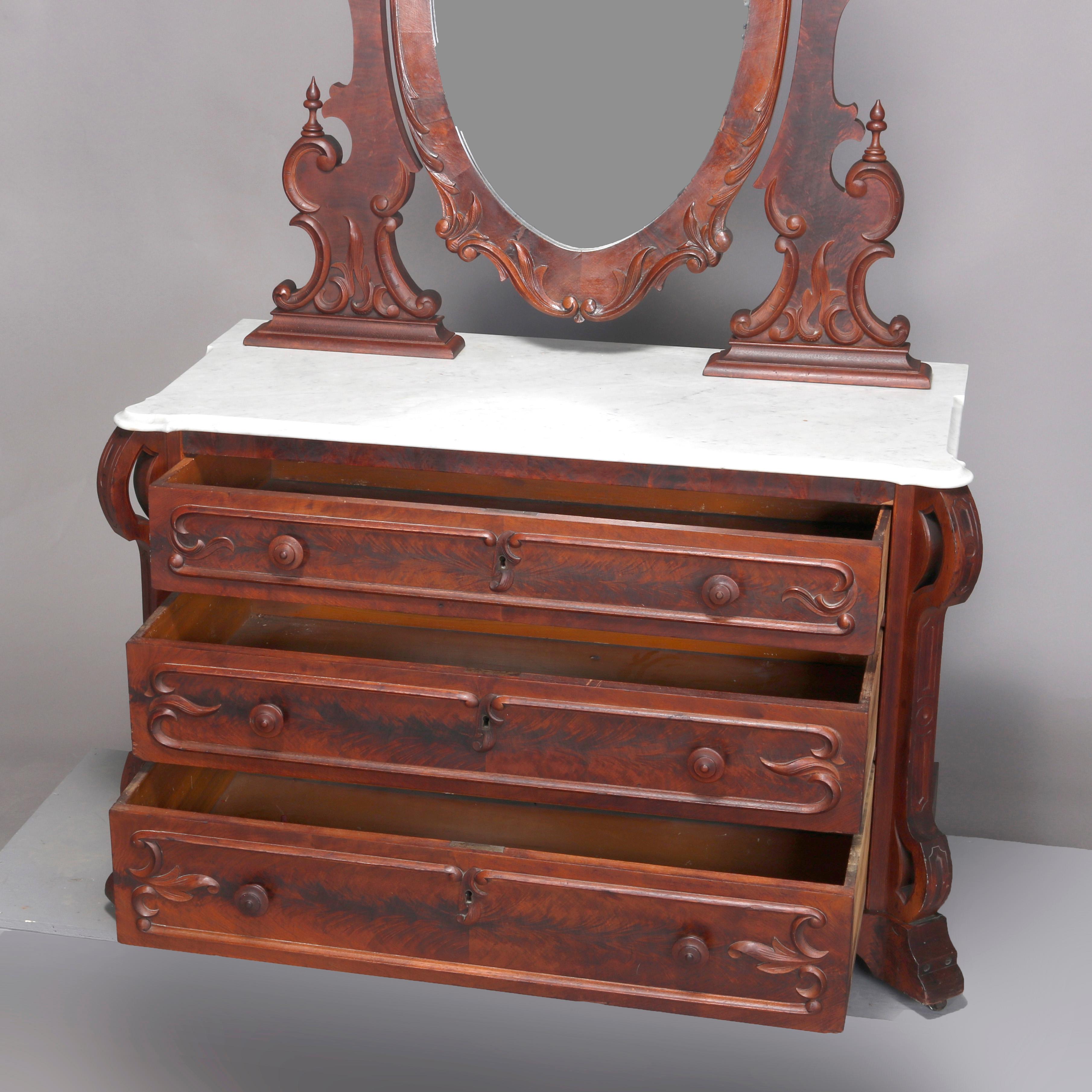 Beveled Antique Renaissance Revival Flame Mahogany and Marble Dresser, circa 1880 For Sale
