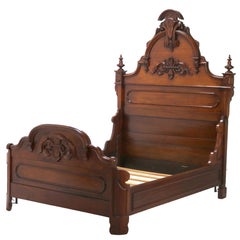 Antique Renaissance Revival Foliate Carved Walnut High Back Bed C1880