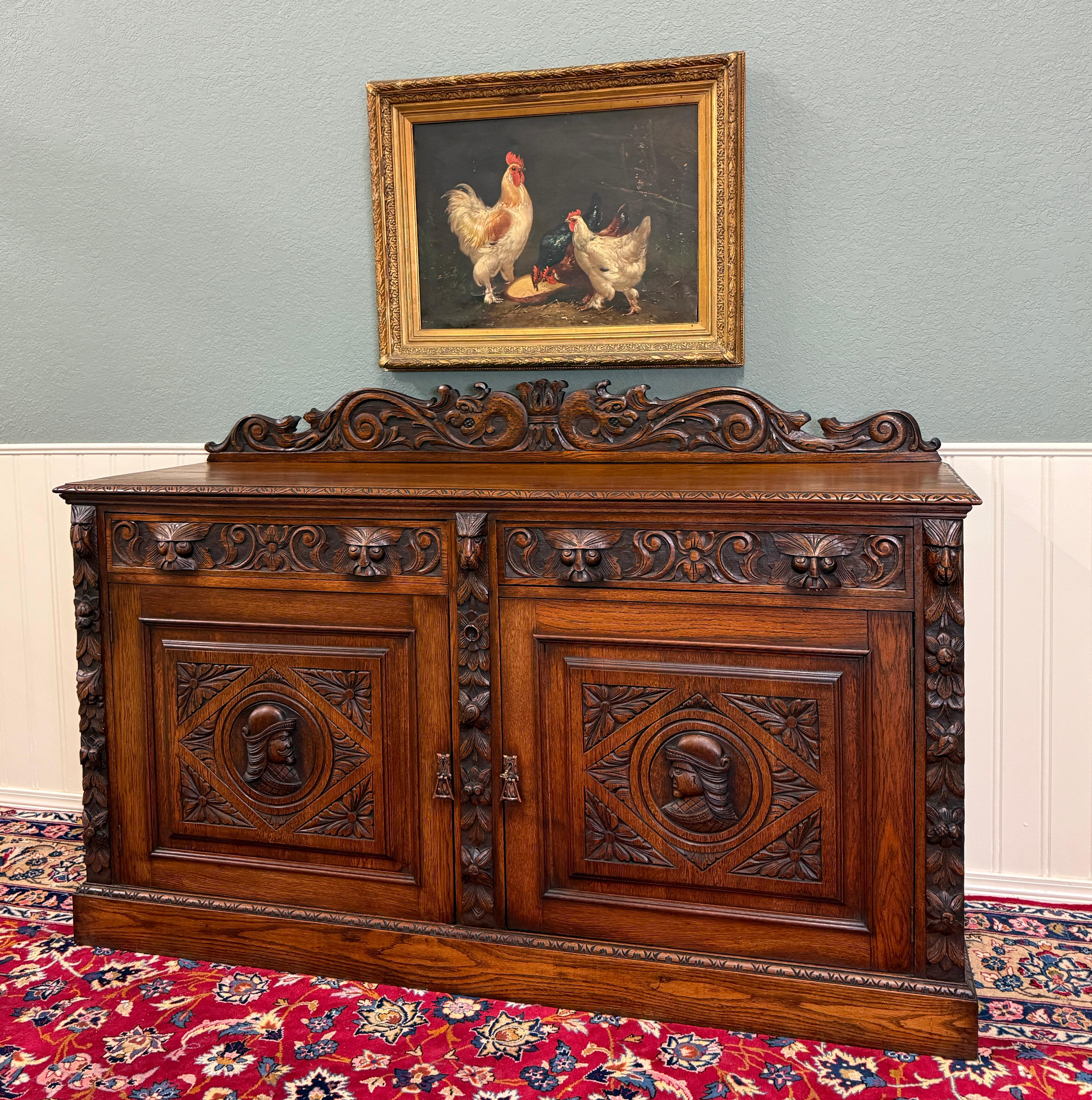 Antique Renaissance Revival Französisch Server Sideboard Buffet Schrank Eiche 19C im Angebot 8