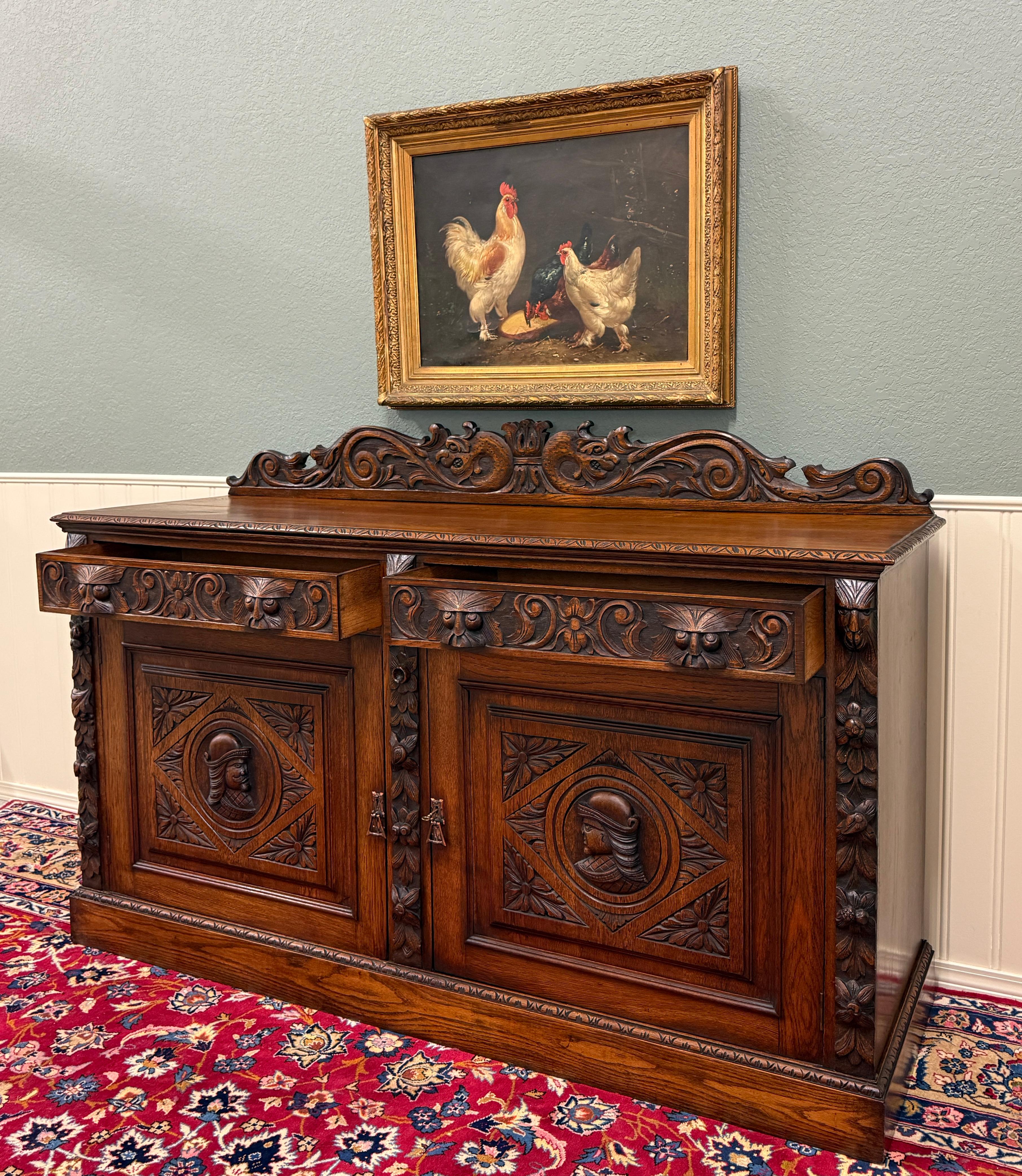 Antique Renaissance Revival Französisch Server Sideboard Buffet Schrank Eiche 19C im Angebot 2