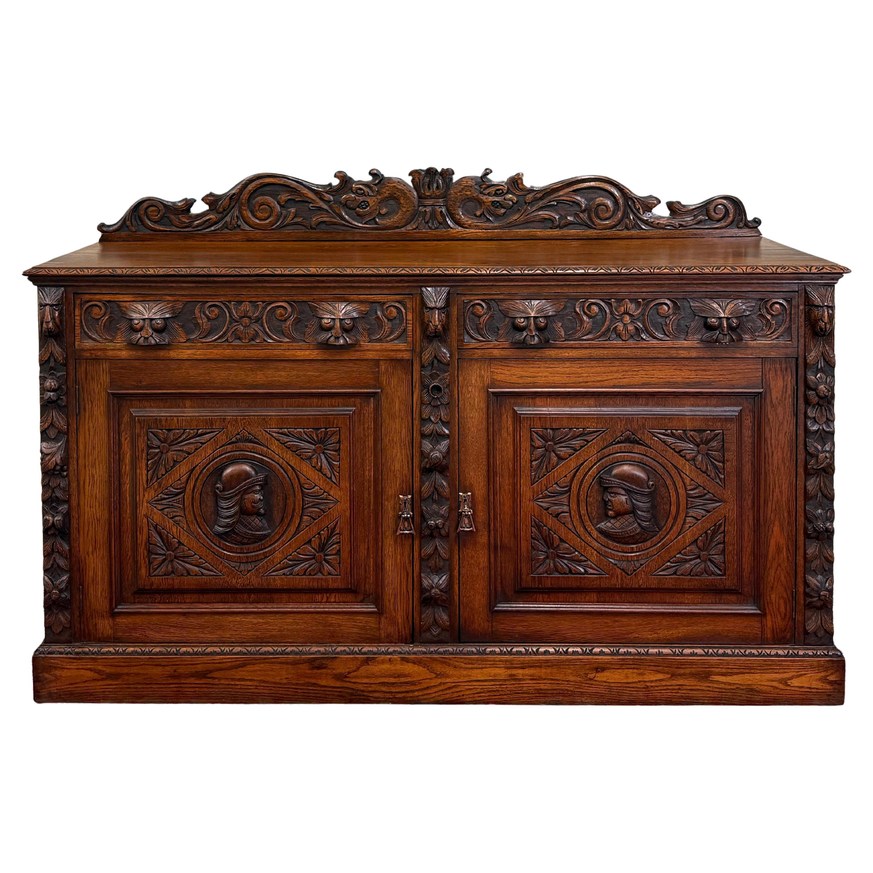 Antique Renaissance Revival French Server Sideboard Buffet Cabinet Oak 19C