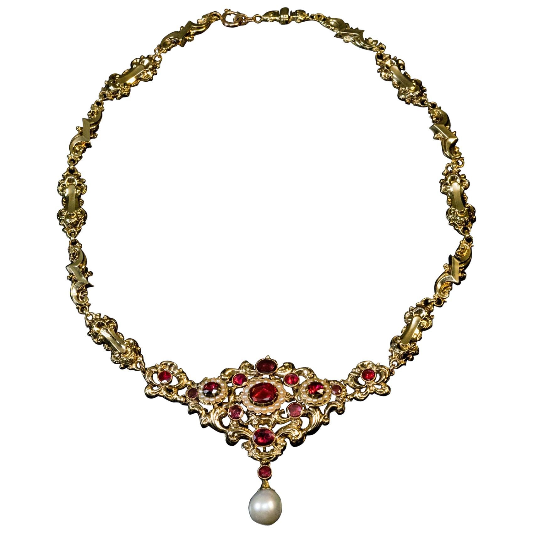 Antique Renaissance Revival Garnet Pearl Gold Necklace For Sale