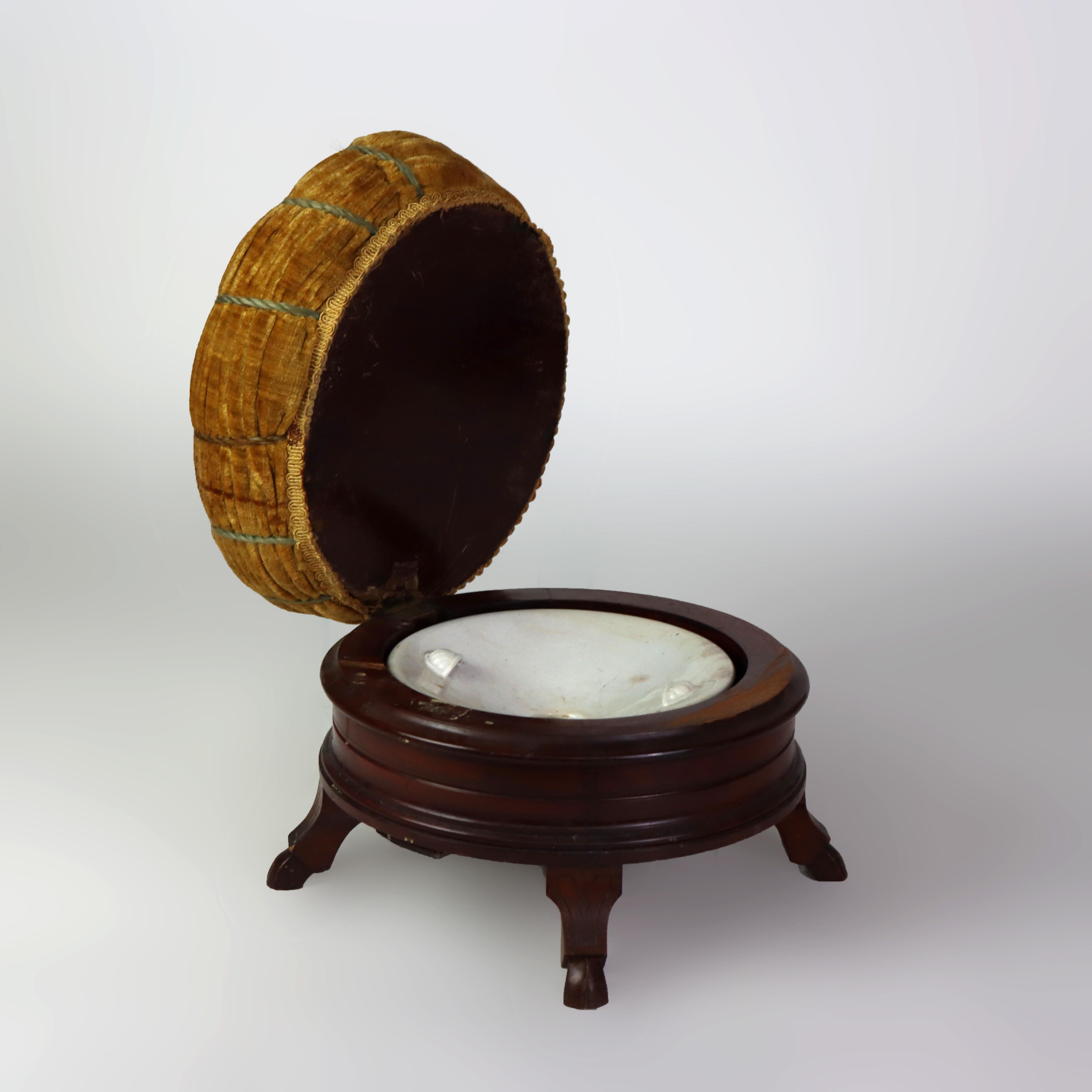 Antique Renaissance Revival Gilt & Ebonized Carved Walnut Pillow Top Spittoon with Pottery Insert & Hoof Feet Signed 1890
Measures - 9
