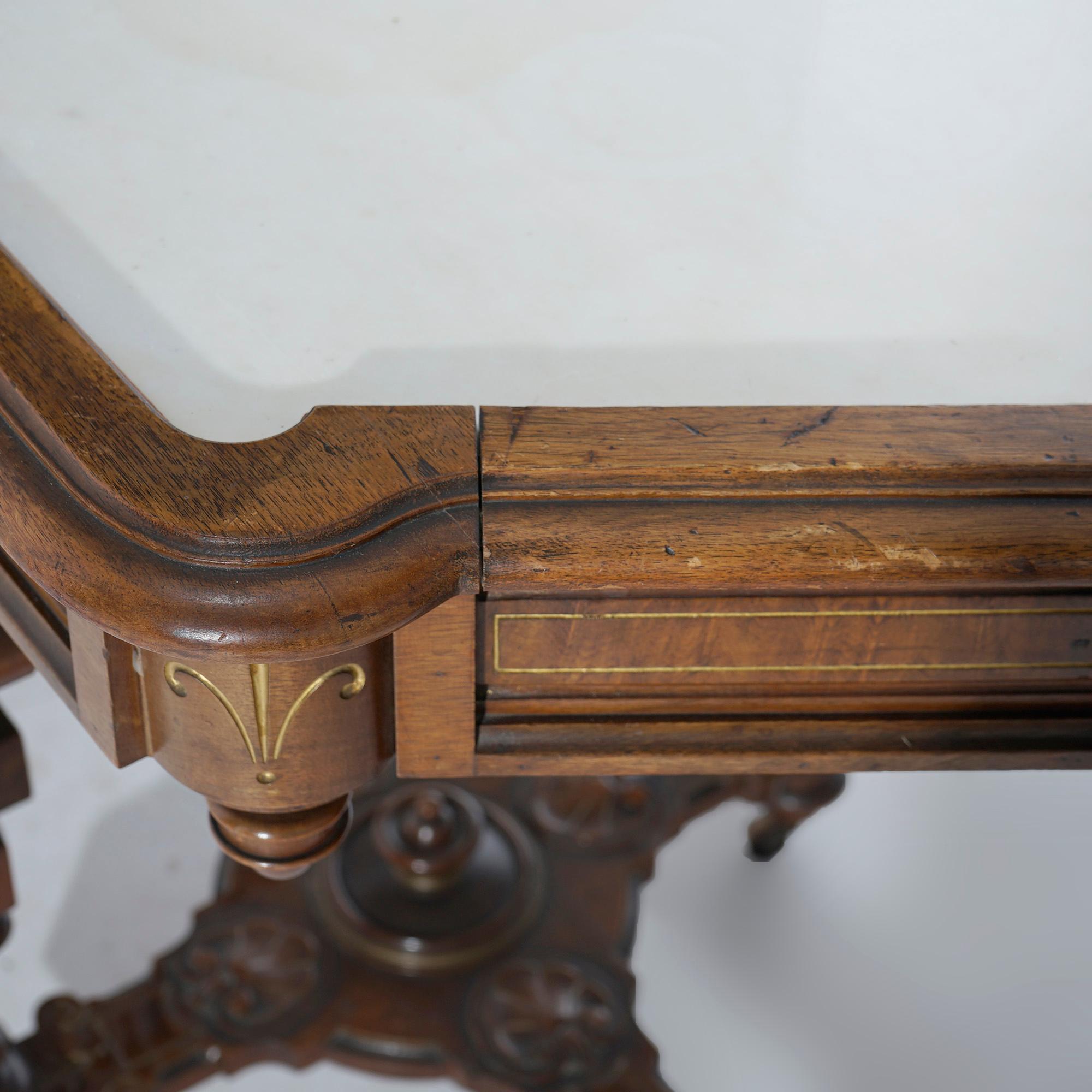 Antique Renaissance Revival Gilt Incised Walnut, Burl & Marble Parlor Table 5