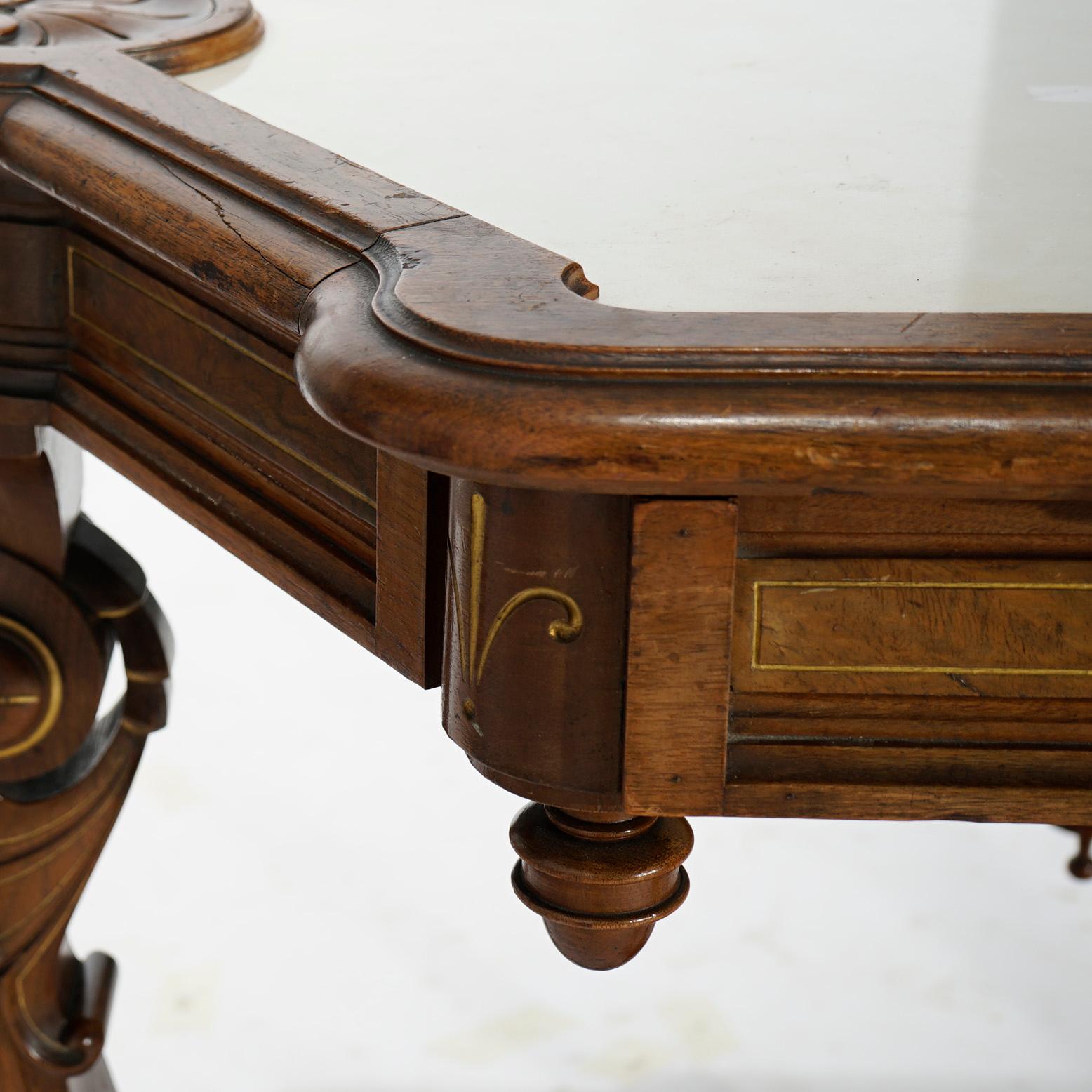 Antique Renaissance Revival Gilt Incised Walnut, Burl & Marble Parlor Table 6