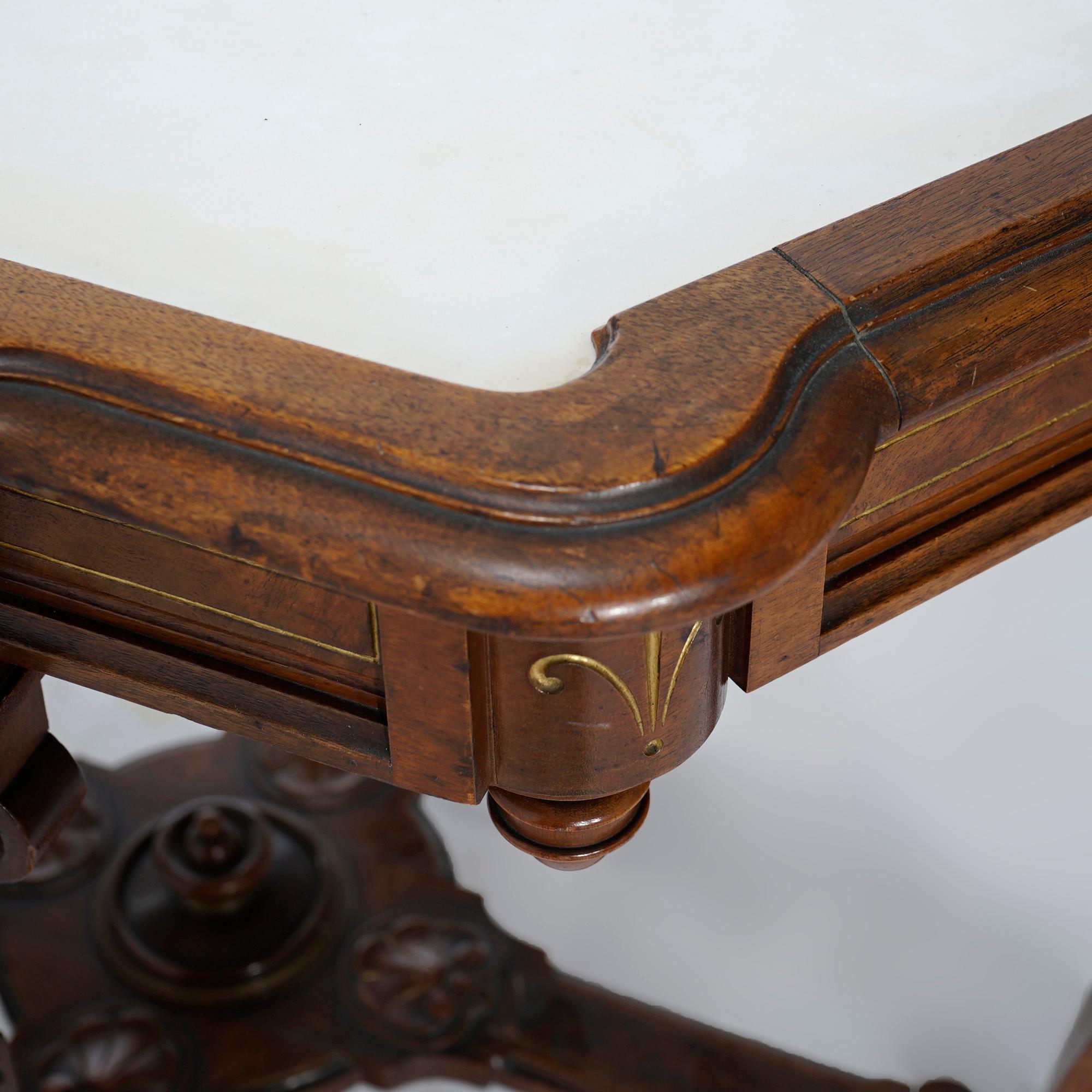 Antique Renaissance Revival Gilt Incised Walnut, Burl & Marble Parlor Table 7