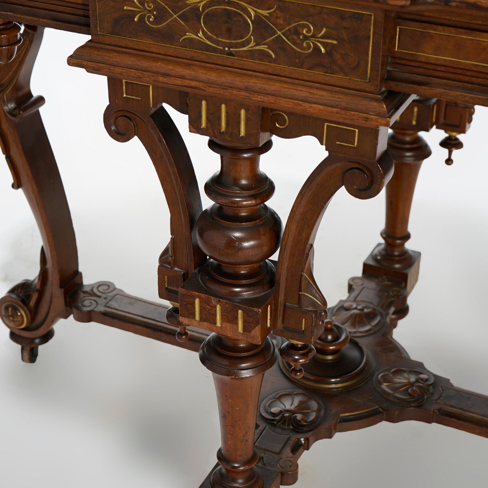 Antique Renaissance Revival Gilt Incised Walnut, Burl & Marble Parlor Table 8