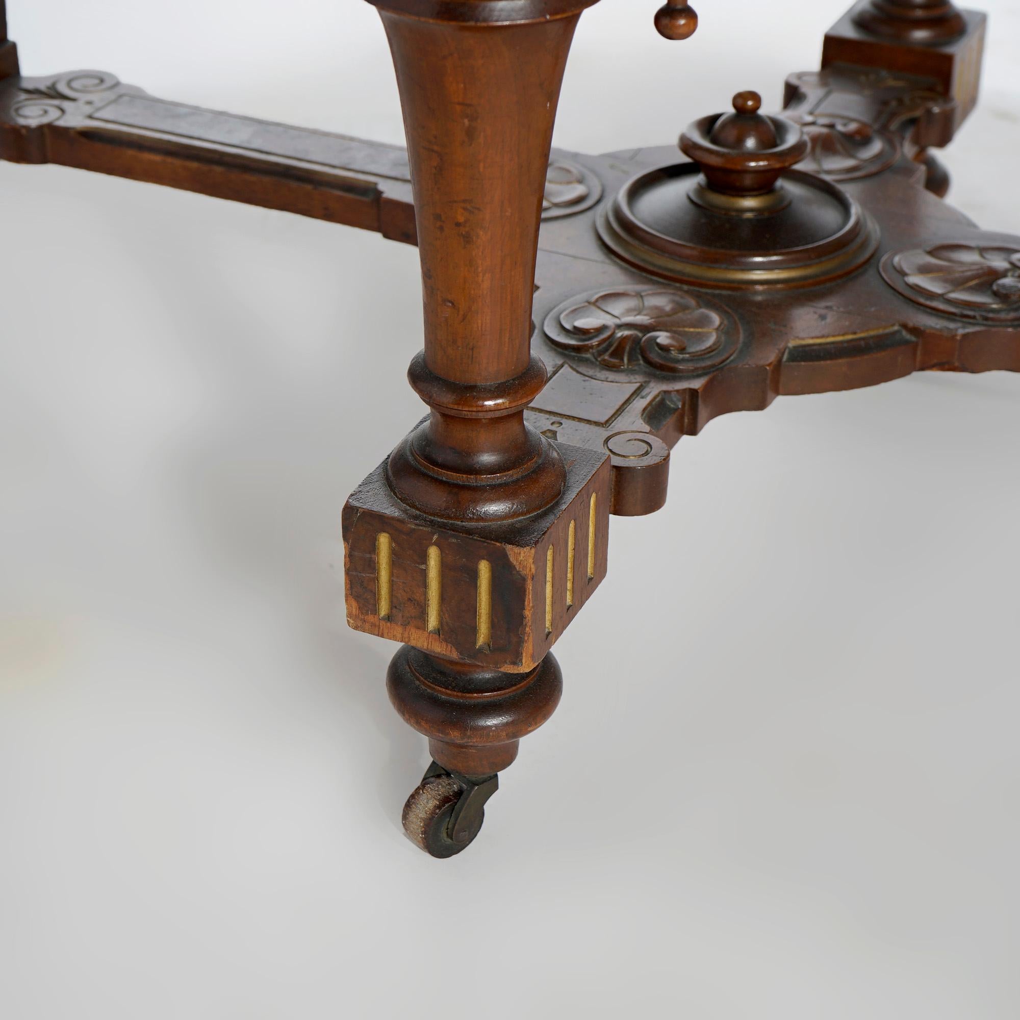 Antique Renaissance Revival Gilt Incised Walnut, Burl & Marble Parlor Table 9