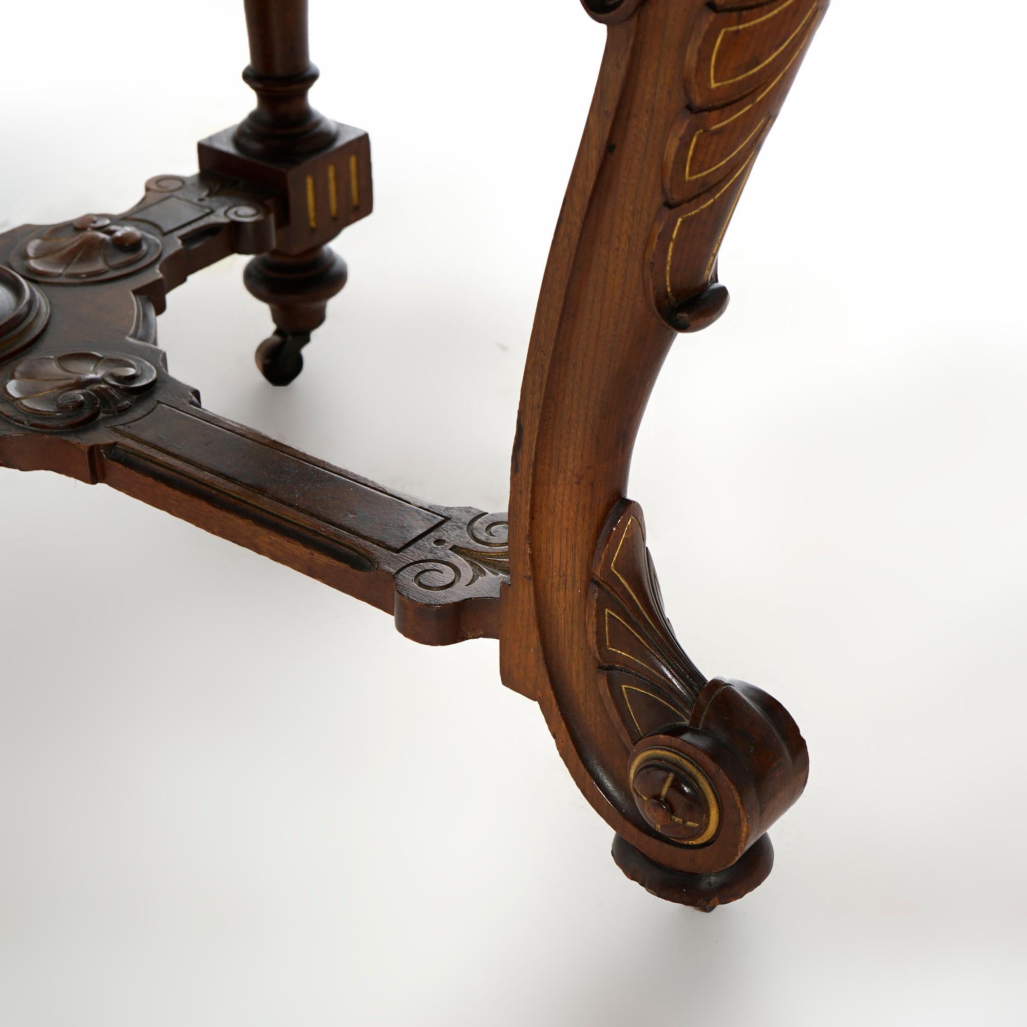 Antique Renaissance Revival Gilt Incised Walnut, Burl & Marble Parlor Table 11