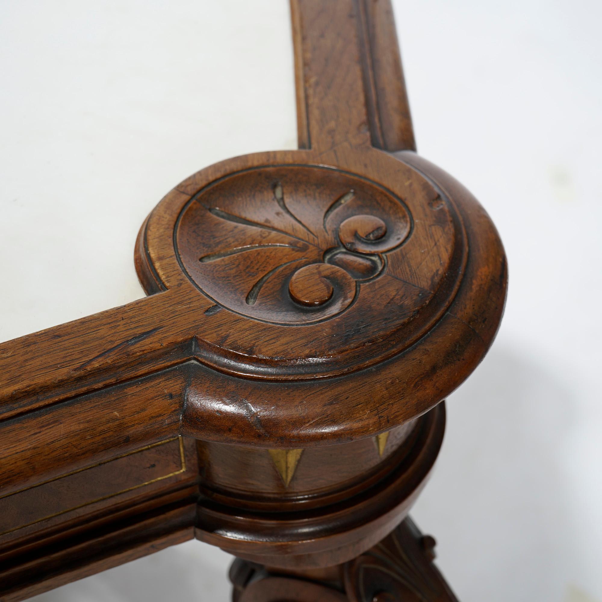 Antique Renaissance Revival Gilt Incised Walnut, Burl & Marble Parlor Table 12