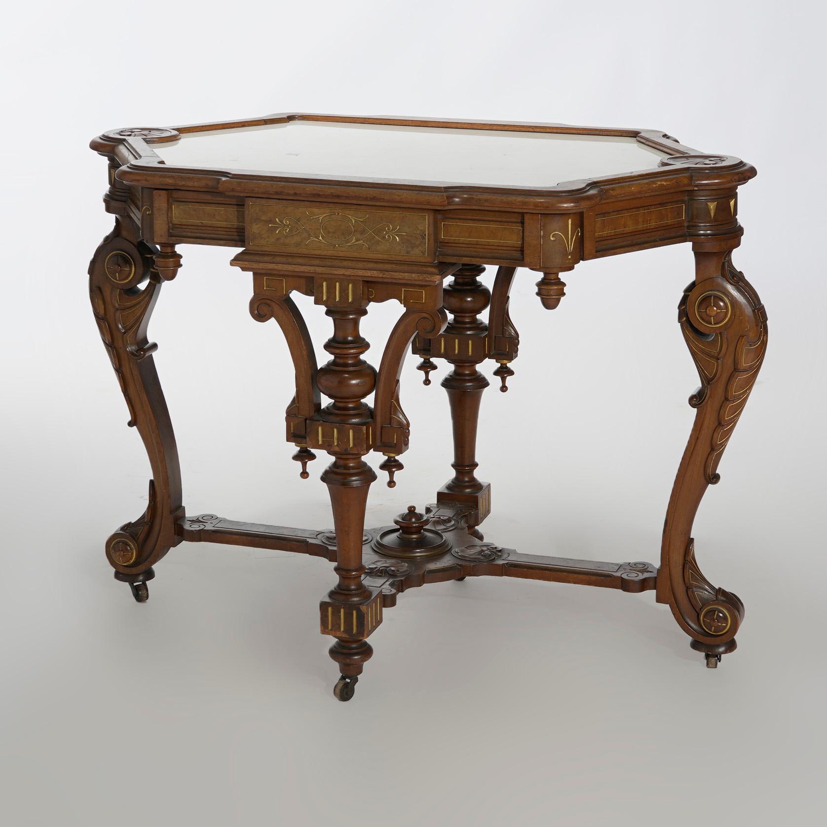 American Antique Renaissance Revival Gilt Incised Walnut, Burl & Marble Parlor Table