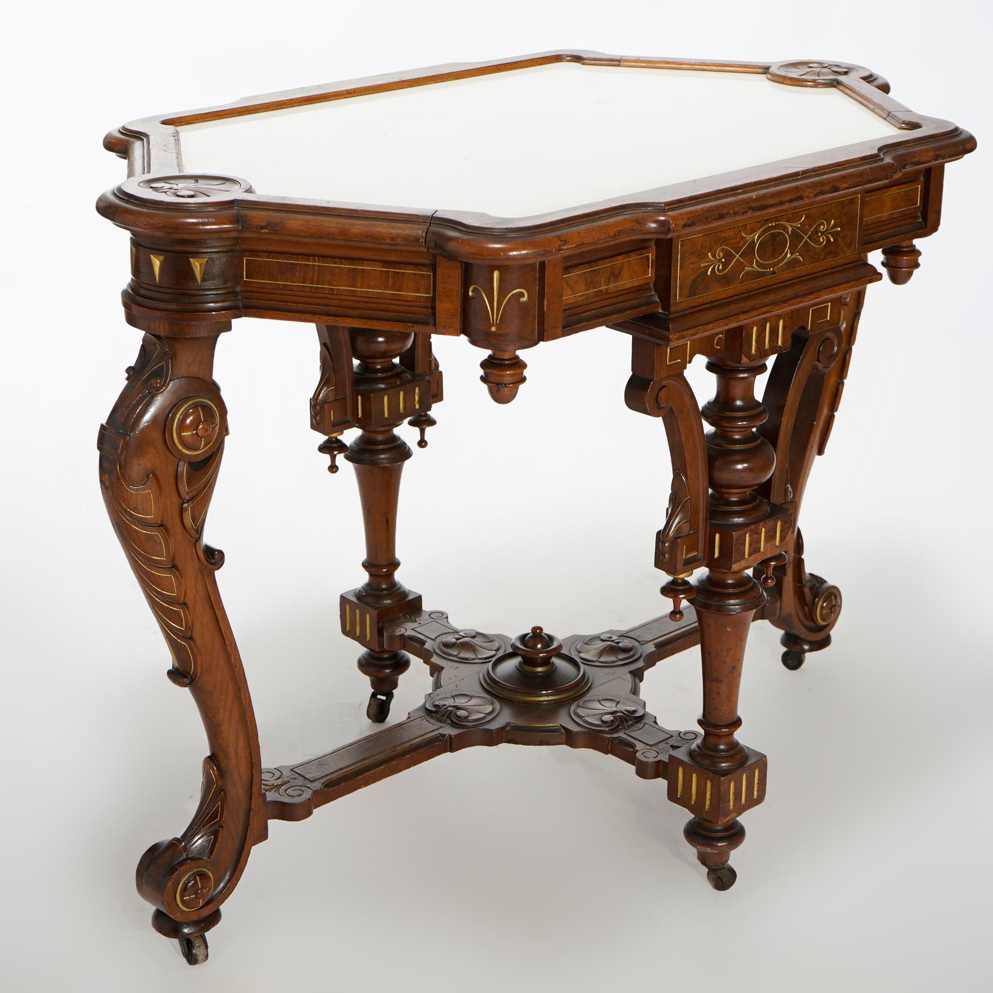 Antique Renaissance Revival Gilt Incised Walnut, Burl & Marble Parlor Table In Good Condition In Big Flats, NY
