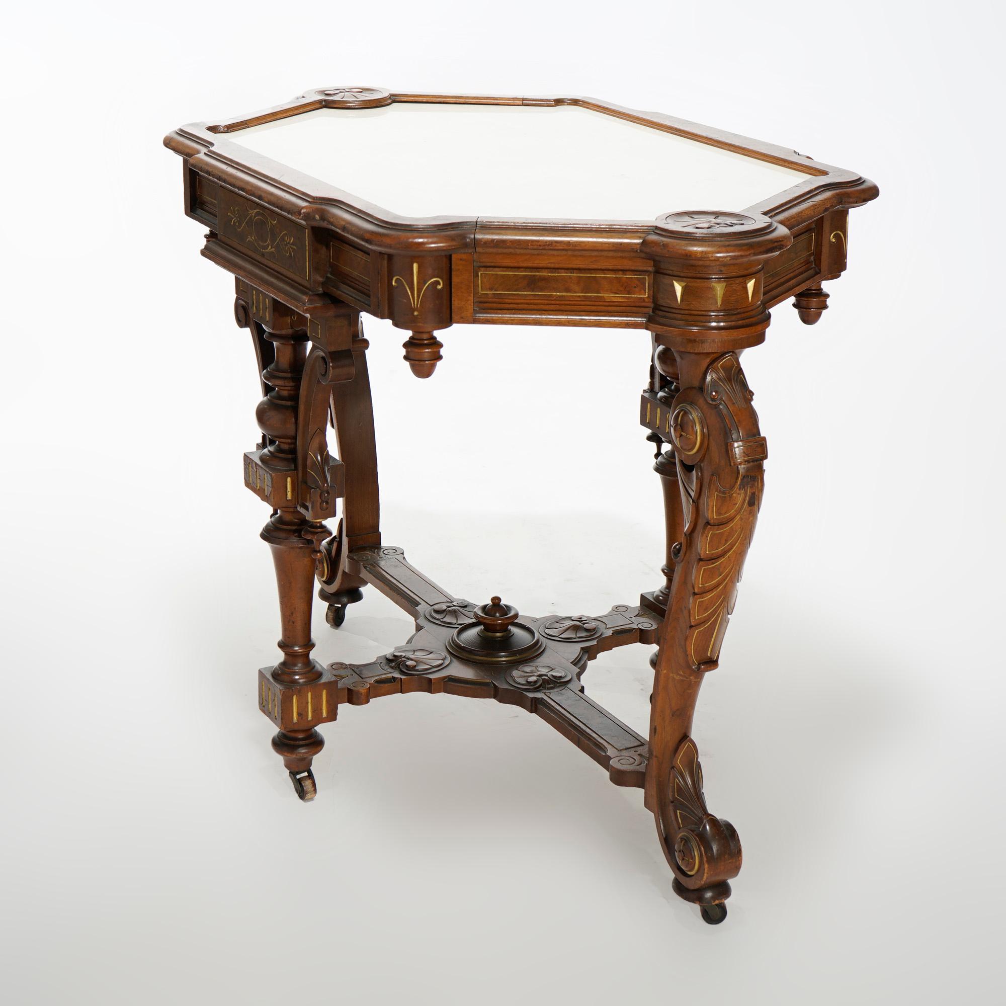 19th Century Antique Renaissance Revival Gilt Incised Walnut, Burl & Marble Parlor Table