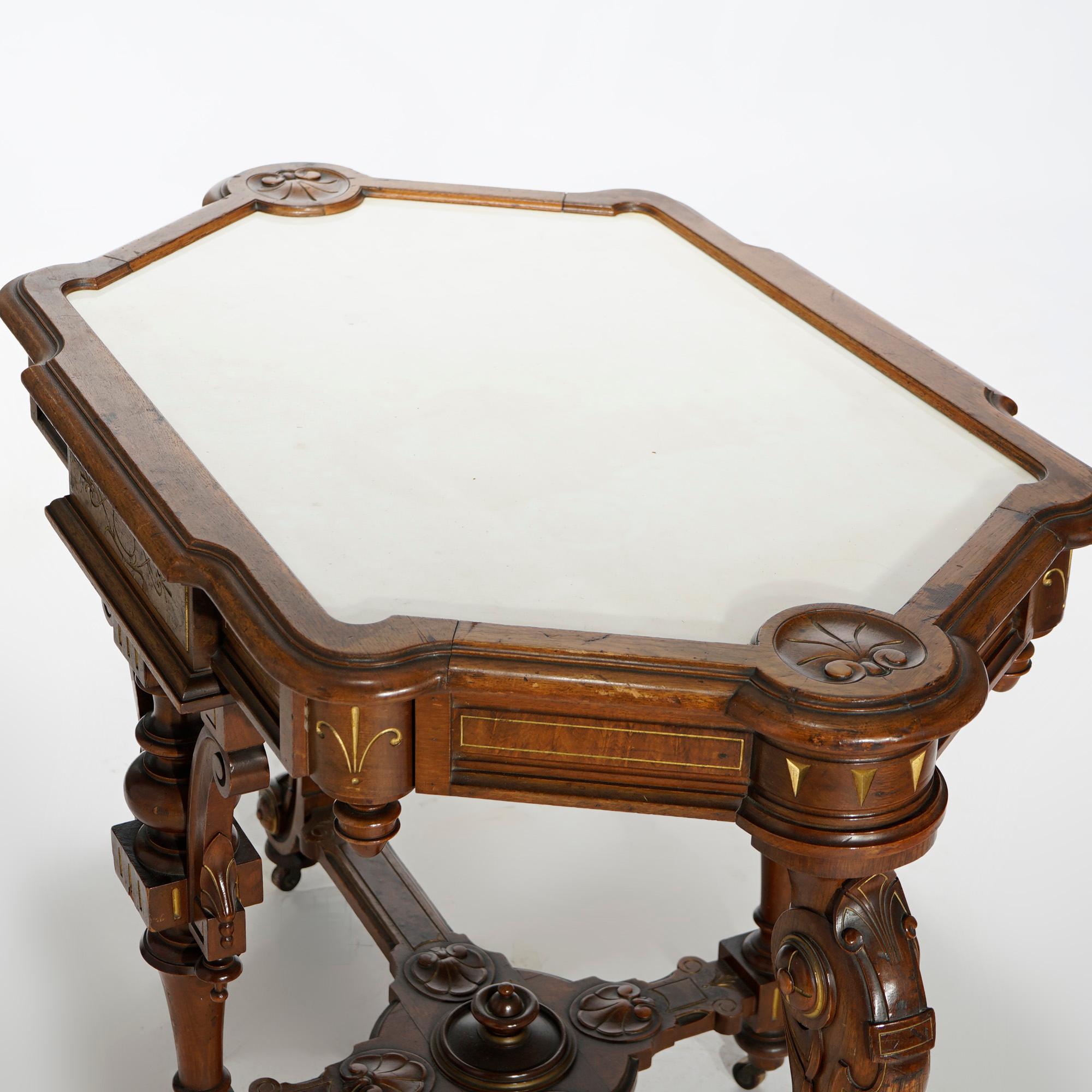Antique Renaissance Revival Gilt Incised Walnut, Burl & Marble Parlor Table 1