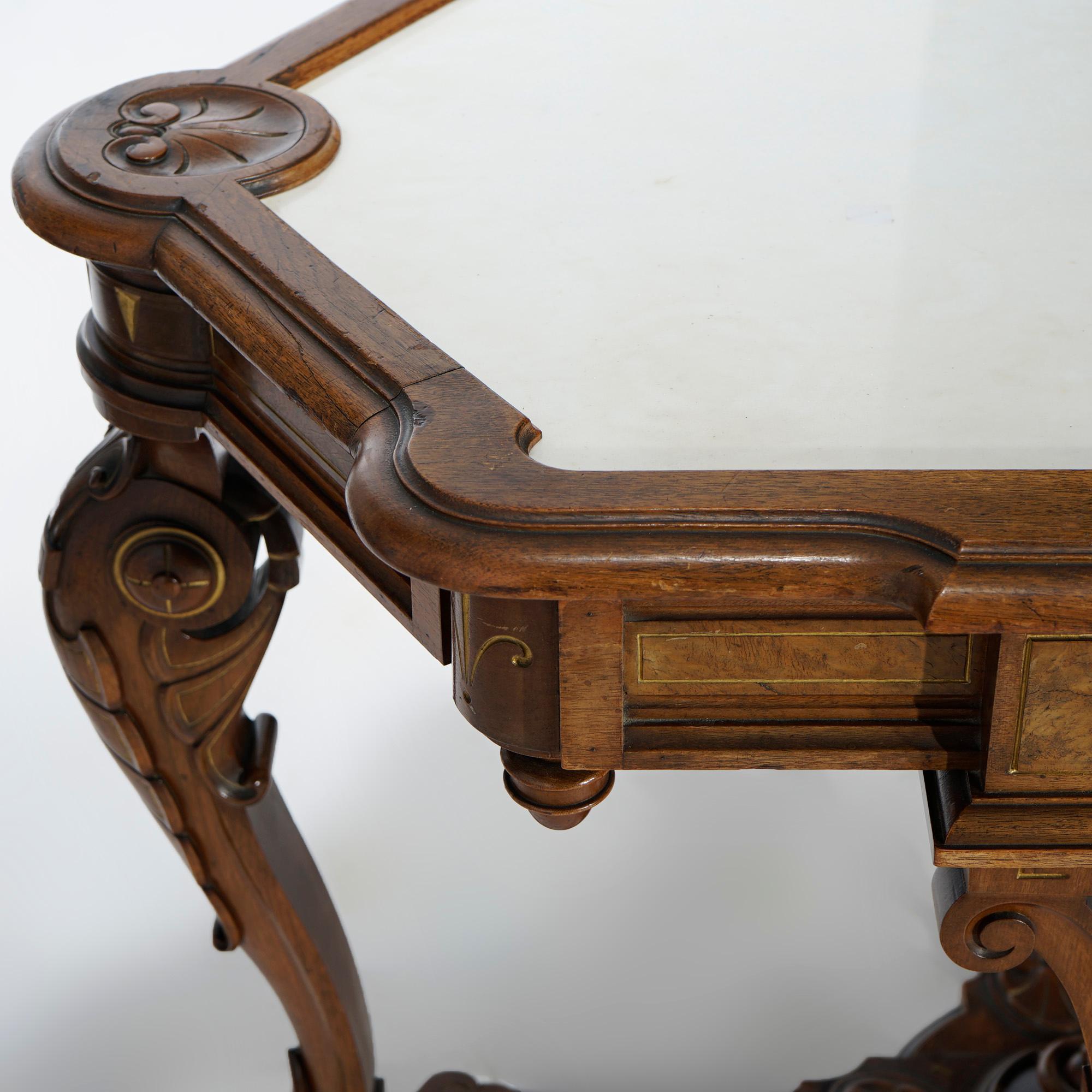 Antique Renaissance Revival Gilt Incised Walnut, Burl & Marble Parlor Table 3