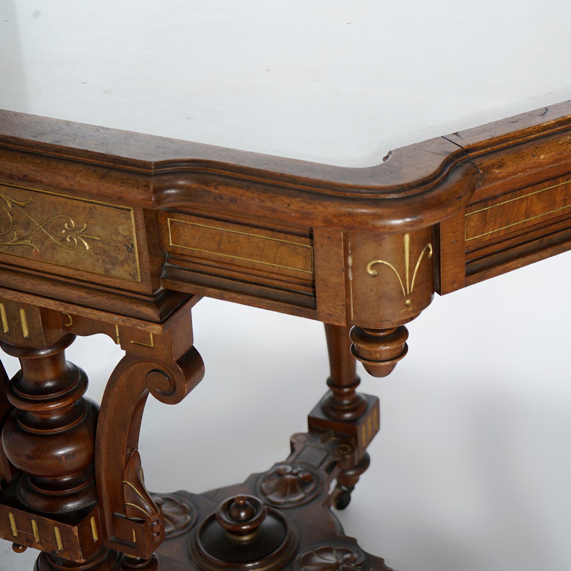 Antique Renaissance Revival Gilt Incised Walnut, Burl & Marble Parlor Table 4