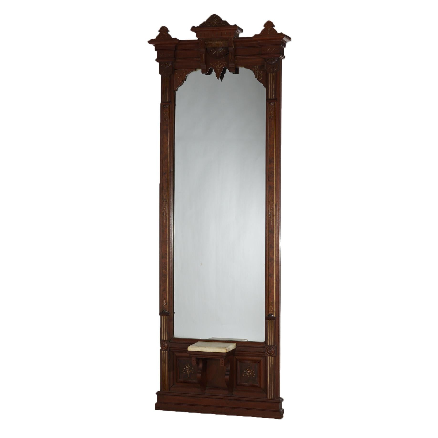 ***Ask About Reduced In-House Shipping Rates - Reliable Service & Fully Insured***

Antique Renaissance Revival pier mirror offers walnut and burl construction with gilt incised decoration and marble tray, c1880

Measures - 96