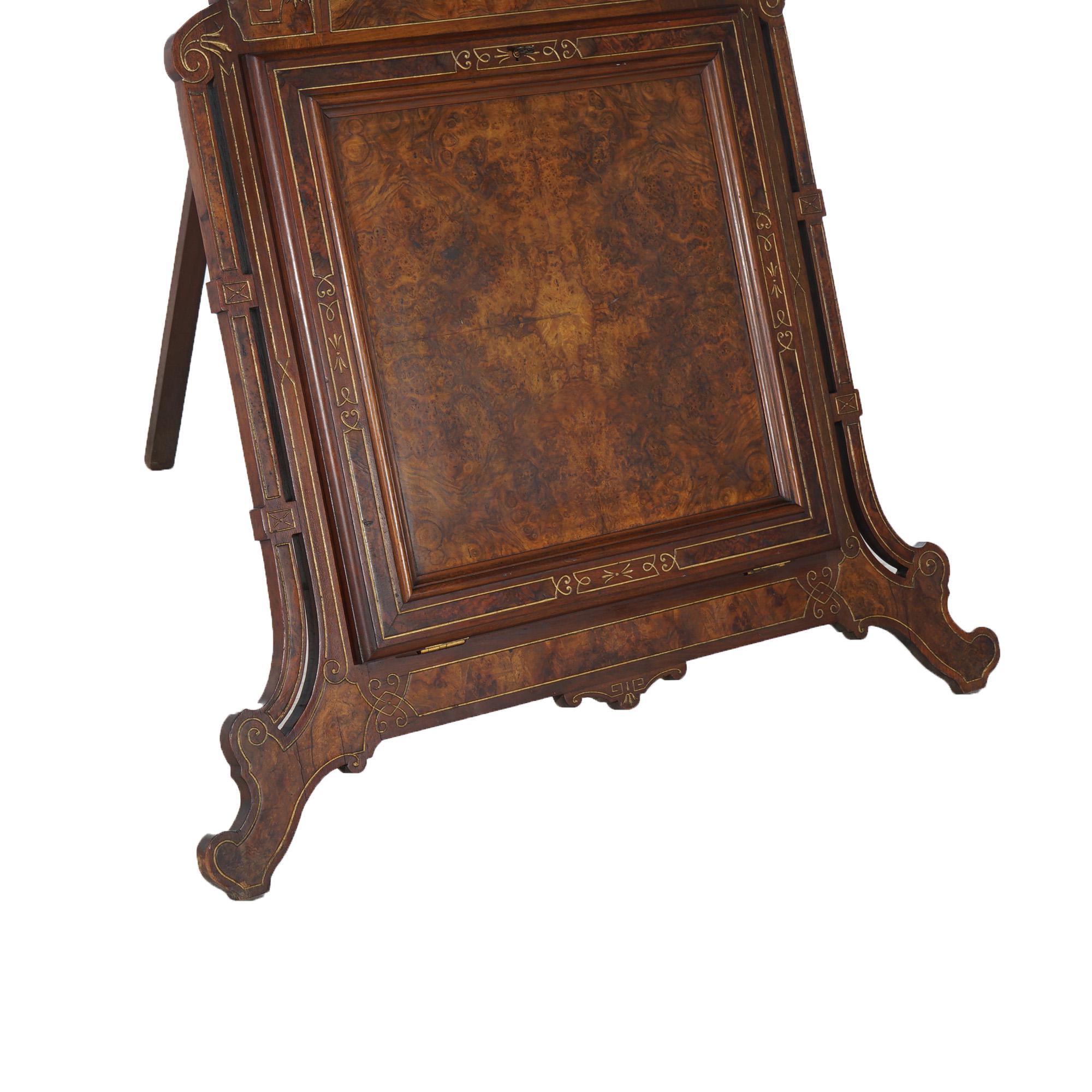 Antique Renaissance Revival Gilt Walnut, Burl & Satinwood Inlaid Easel c1870 In Good Condition In Big Flats, NY