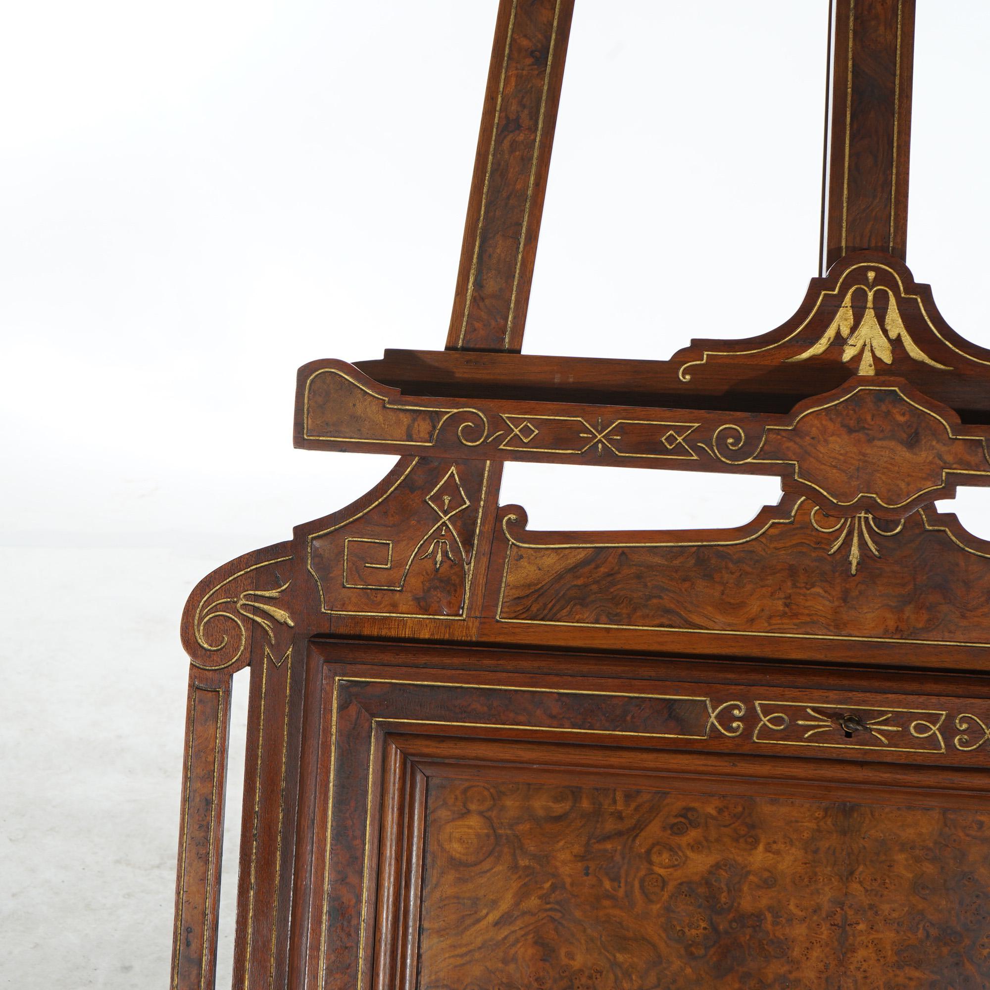 Antique Renaissance Revival Gilt Walnut, Burl & Satinwood Inlaid Easel c1870 1