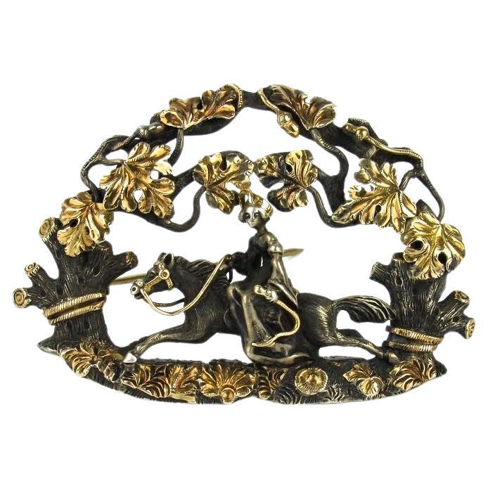 Antique Renaissance Revival Gold and Silver Brooch after Froment Meurice For Sale