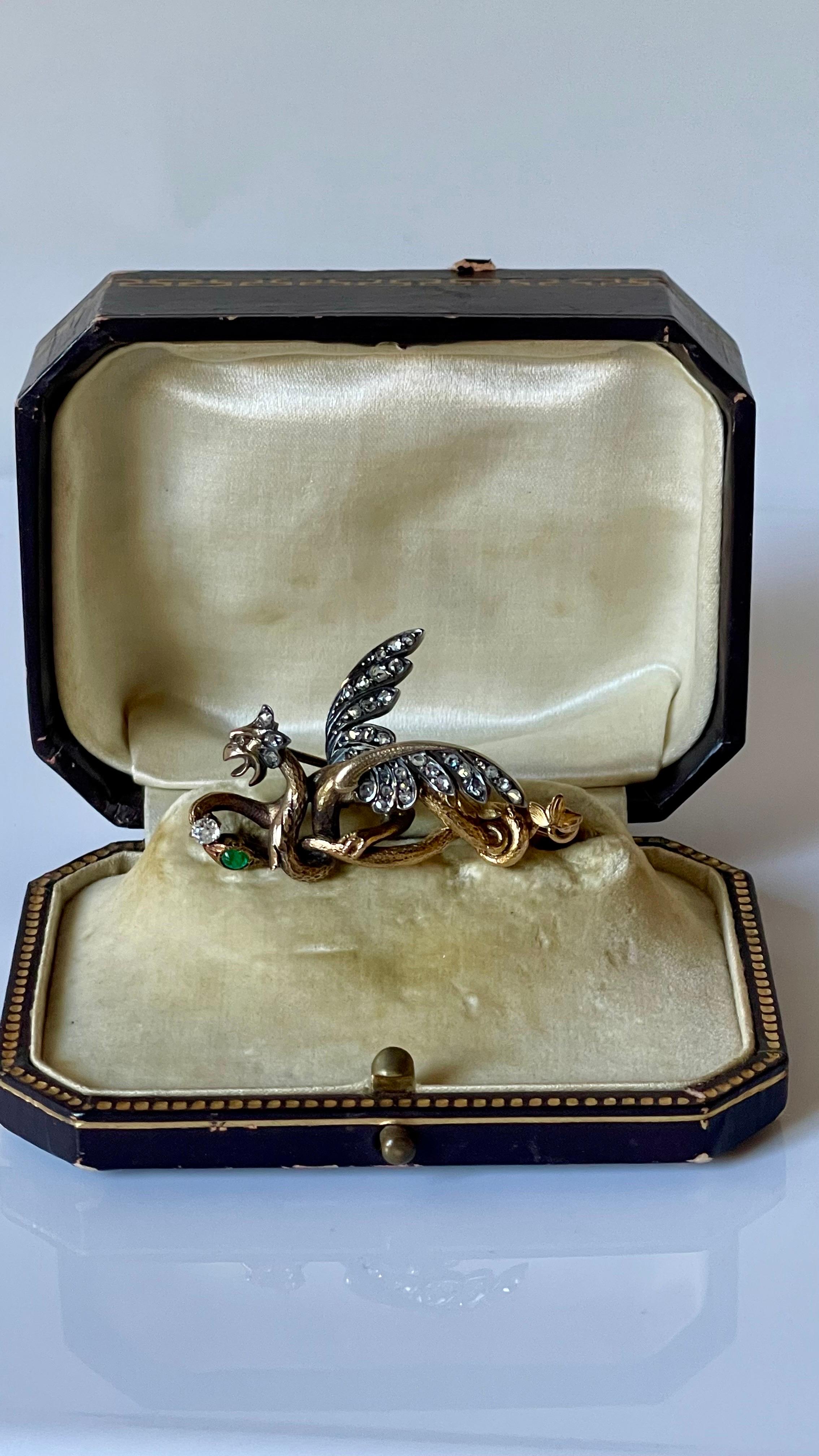 Antique Renaissance Revival Gold Dragon Snake Diamond Emerald Brooch C 1890 For Sale 1