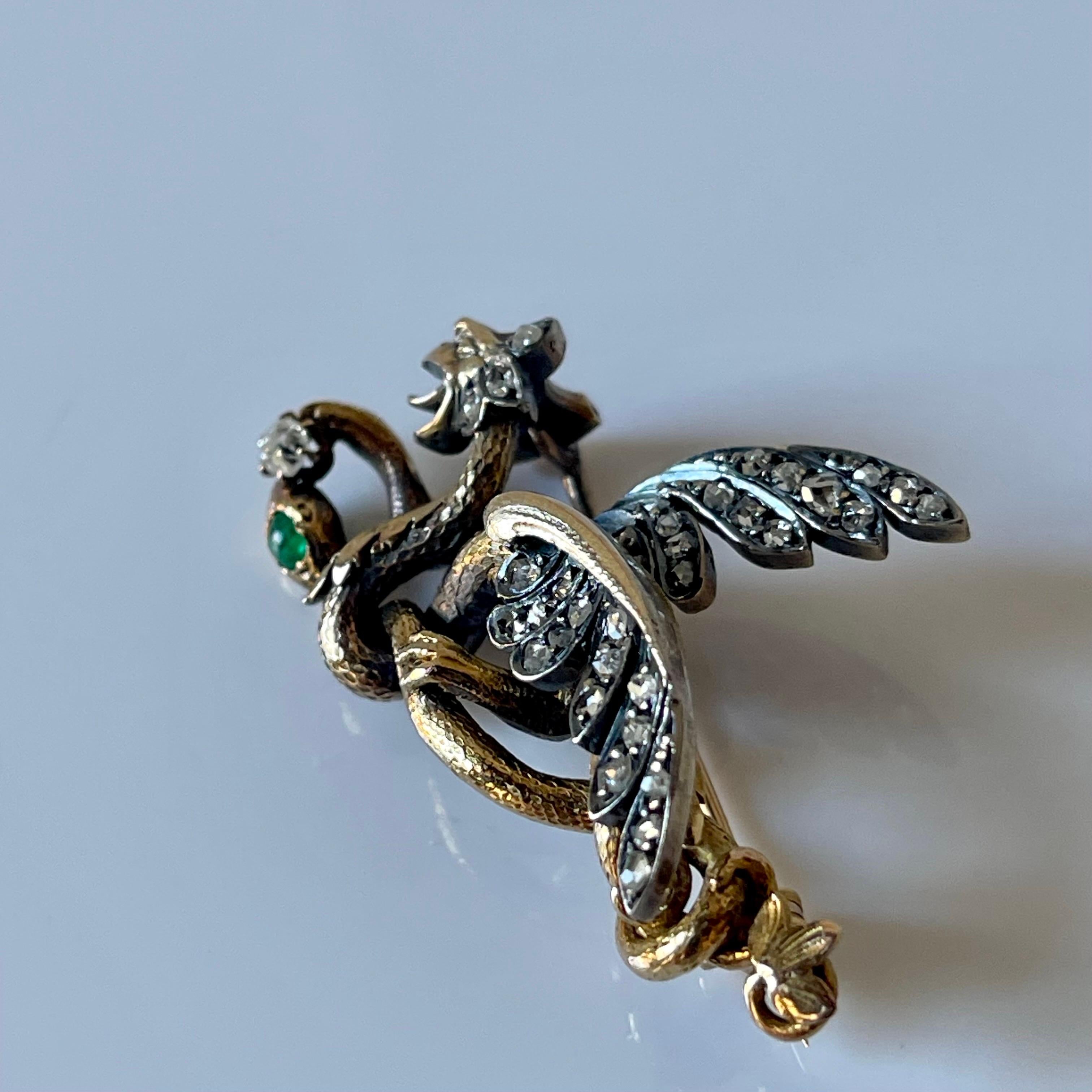 Antique Renaissance Revival Gold Dragon Snake Diamond Emerald Brooch C 1890 For Sale 2