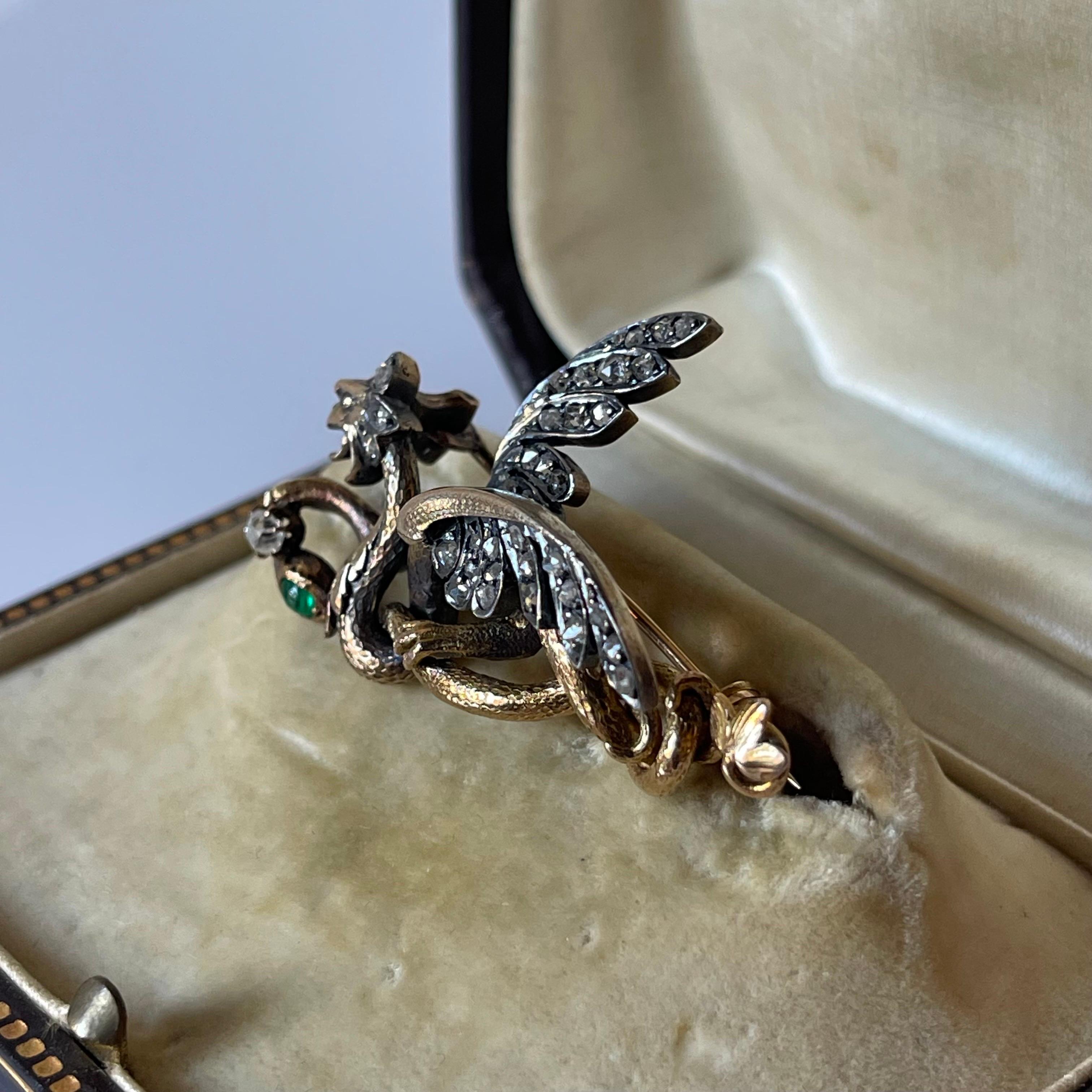 Women's or Men's Antique Renaissance Revival Gold Dragon Snake Diamond Emerald Brooch C 1890 For Sale