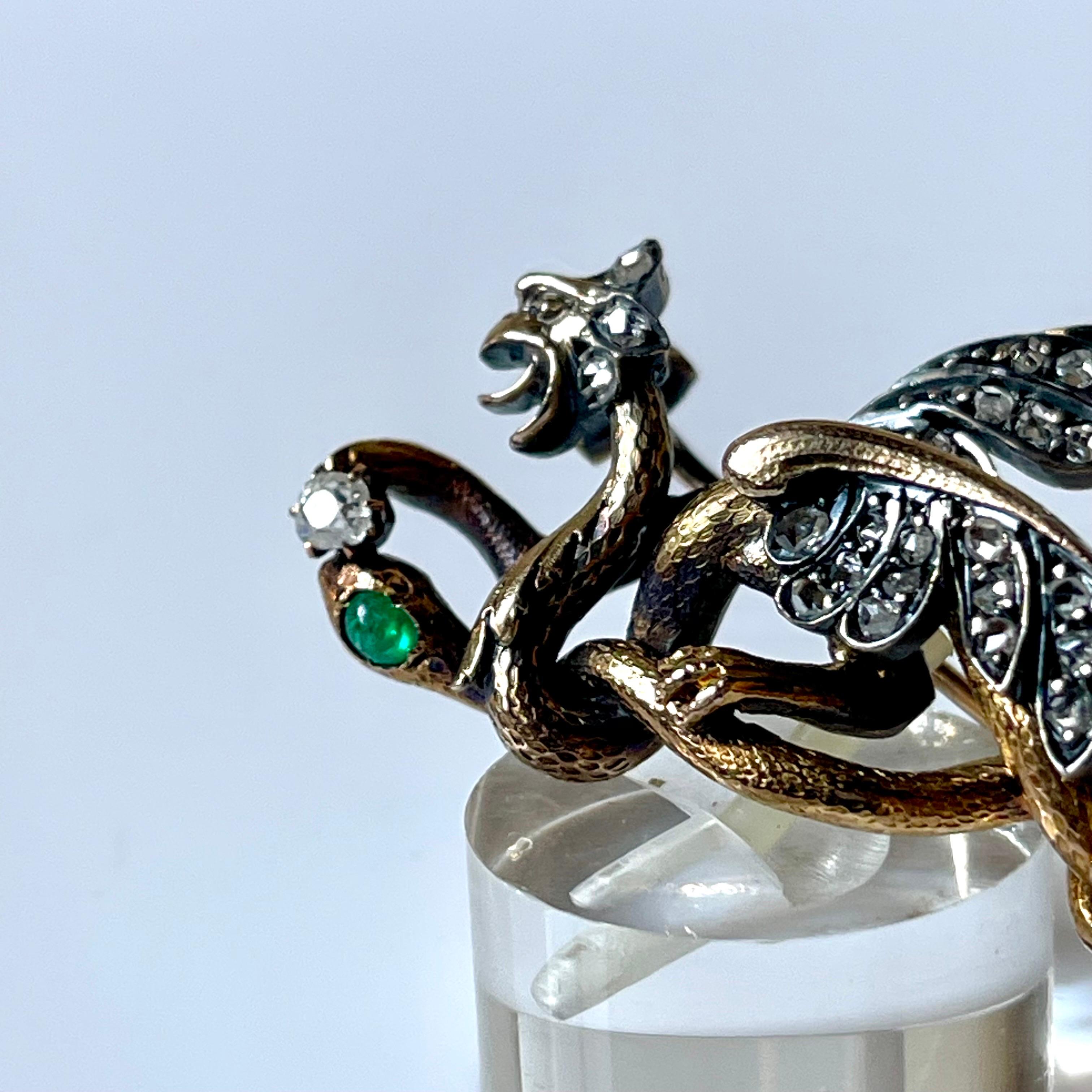 Old Mine Cut Antique Renaissance Revival Gold Dragon Snake Diamond Emerald Brooch C 1890 For Sale