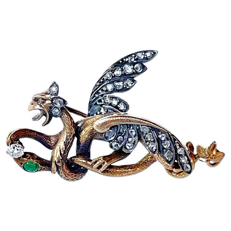 Antique Renaissance Revival Gold Dragon Snake Diamond Emerald Brooch C 1890 For Sale