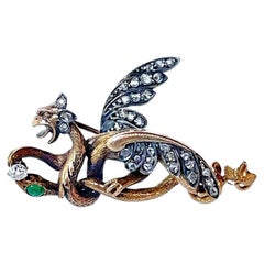 Antique Renaissance Revival Gold Dragon Snake Diamond Emerald Brooch C 1890