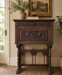 Antique Renaissance Revival Hand-Carved Oak Cabinet or Bargueno with Medallions