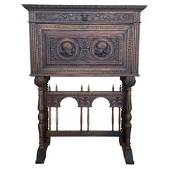 Antique Renaissance Revival Hand-Carved Oak Cabinet or Bargueno with Medallions