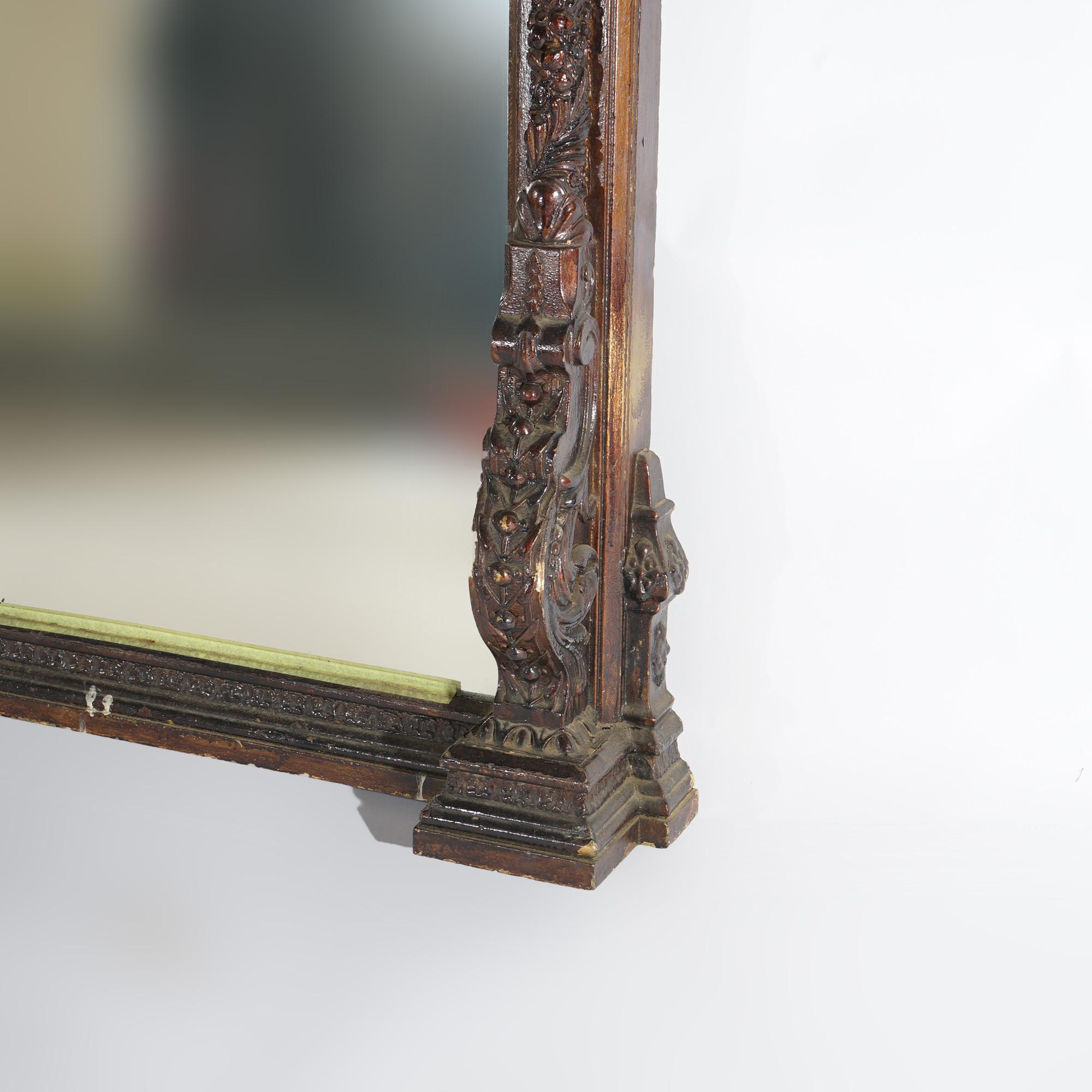 Antique Renaissance Revival Heavily Carved Wood & Gesso Over Mantle Mirror 19thC For Sale 6