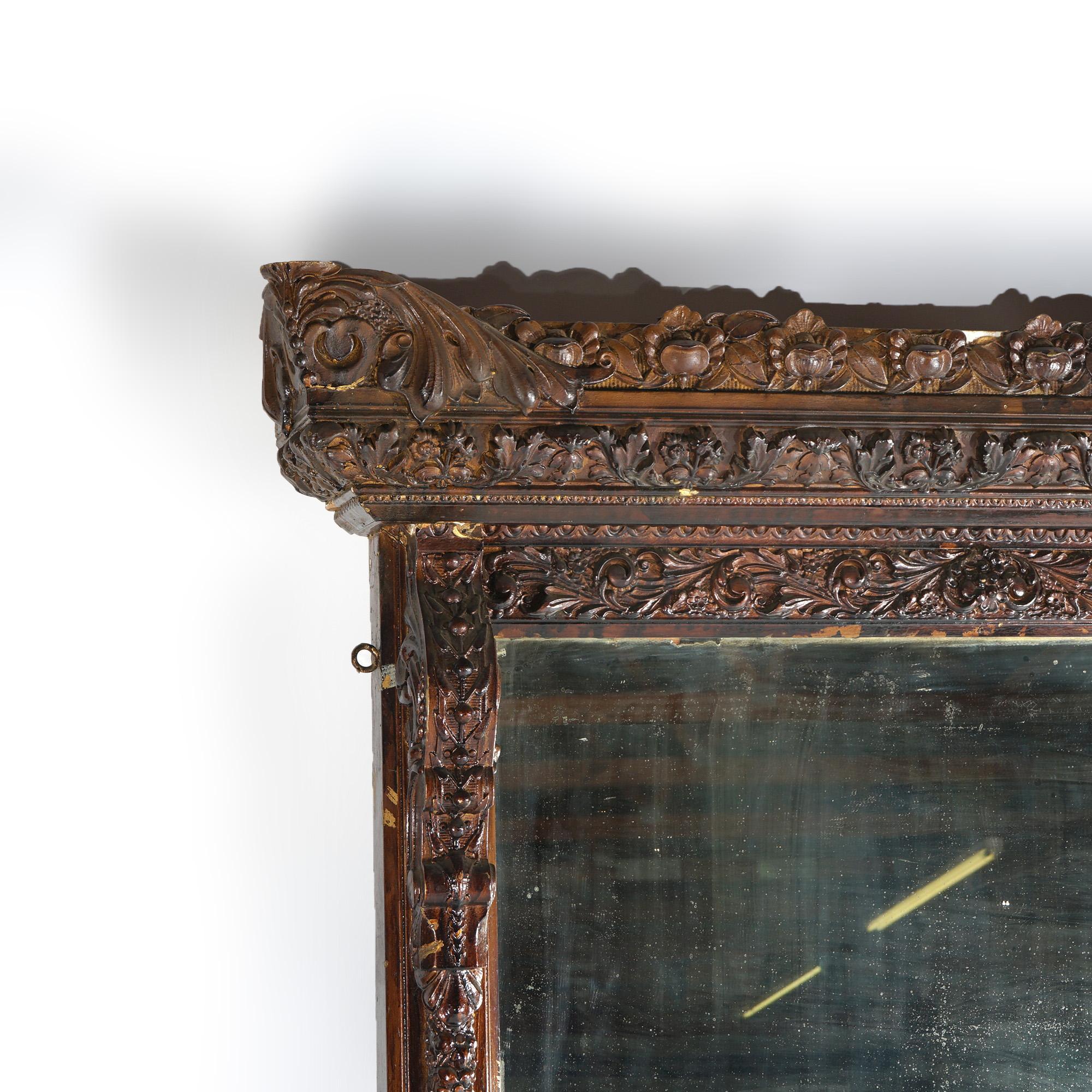 Antique Renaissance Revival Heavily Carved Wood & Gesso Over Mantle Mirror 19thC In Good Condition For Sale In Big Flats, NY