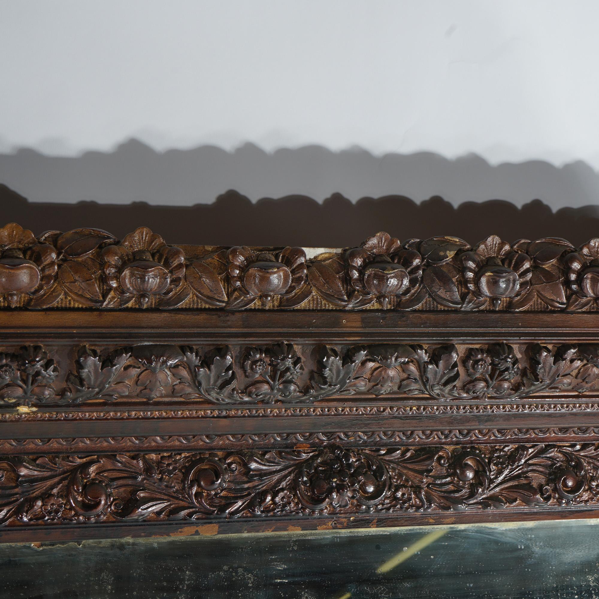19th Century Antique Renaissance Revival Heavily Carved Wood & Gesso Over Mantle Mirror 19thC For Sale