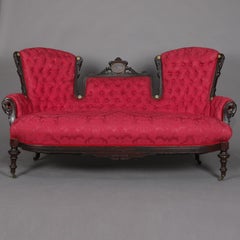 Antique Renaissance Revival Jelliffe School Carved & Inlaid Walnut Sofa