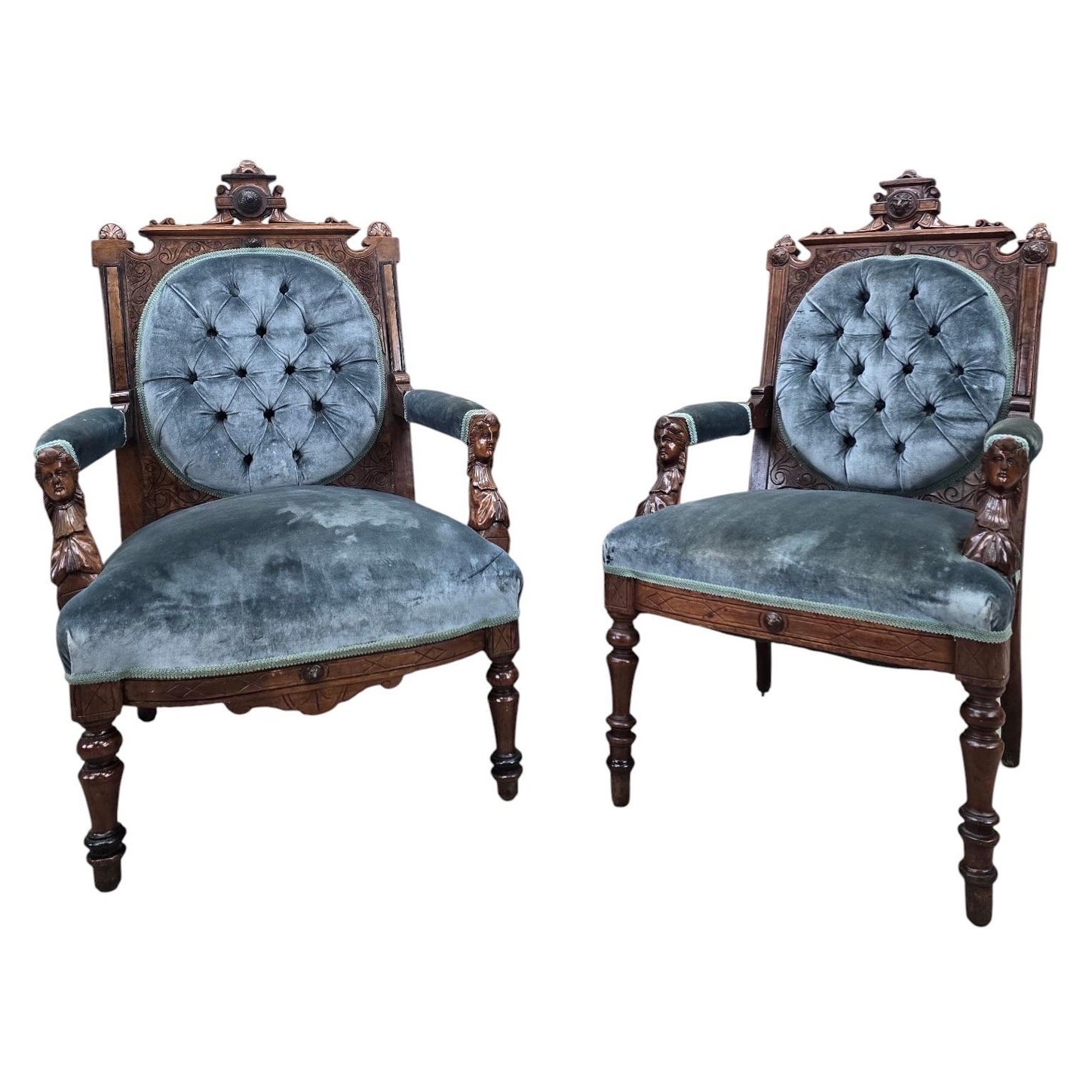 Antique Renaissance Revival John Jelliff Carved Armchairs - Pair