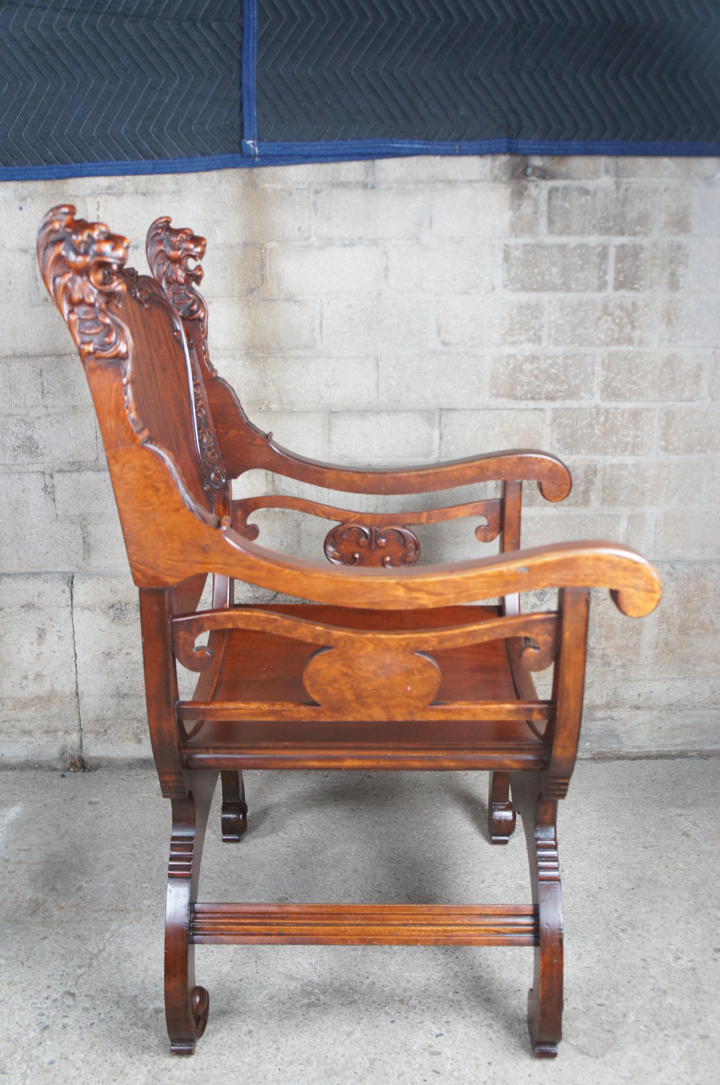 Antique Renaissance Revival Mahogany Curule Savonarola Lion Throne Arm Chair For Sale 2