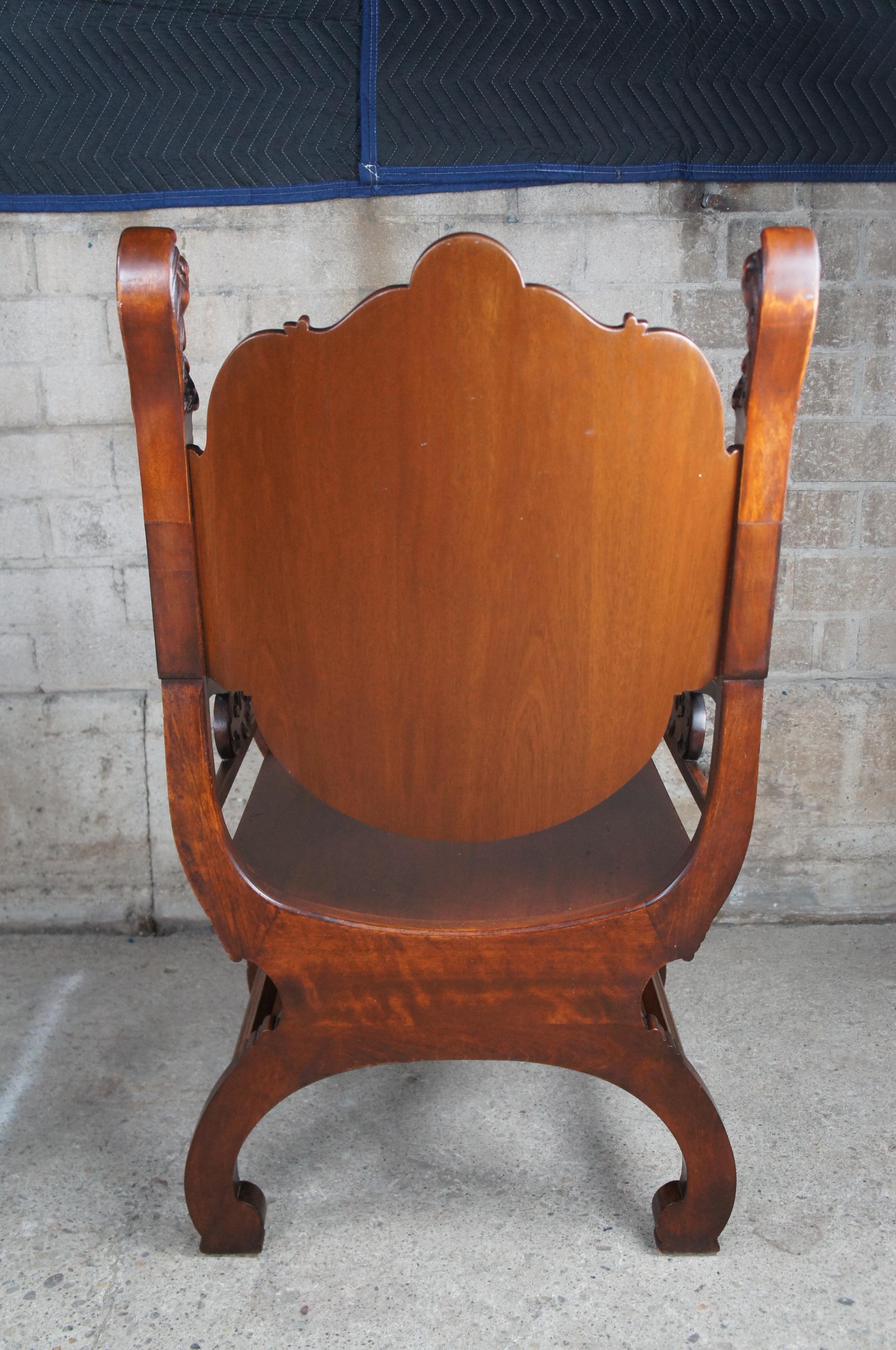 Antique Revival Renaissance Acajou Curule Savonarola Lion Throne Arm Chair en vente 5