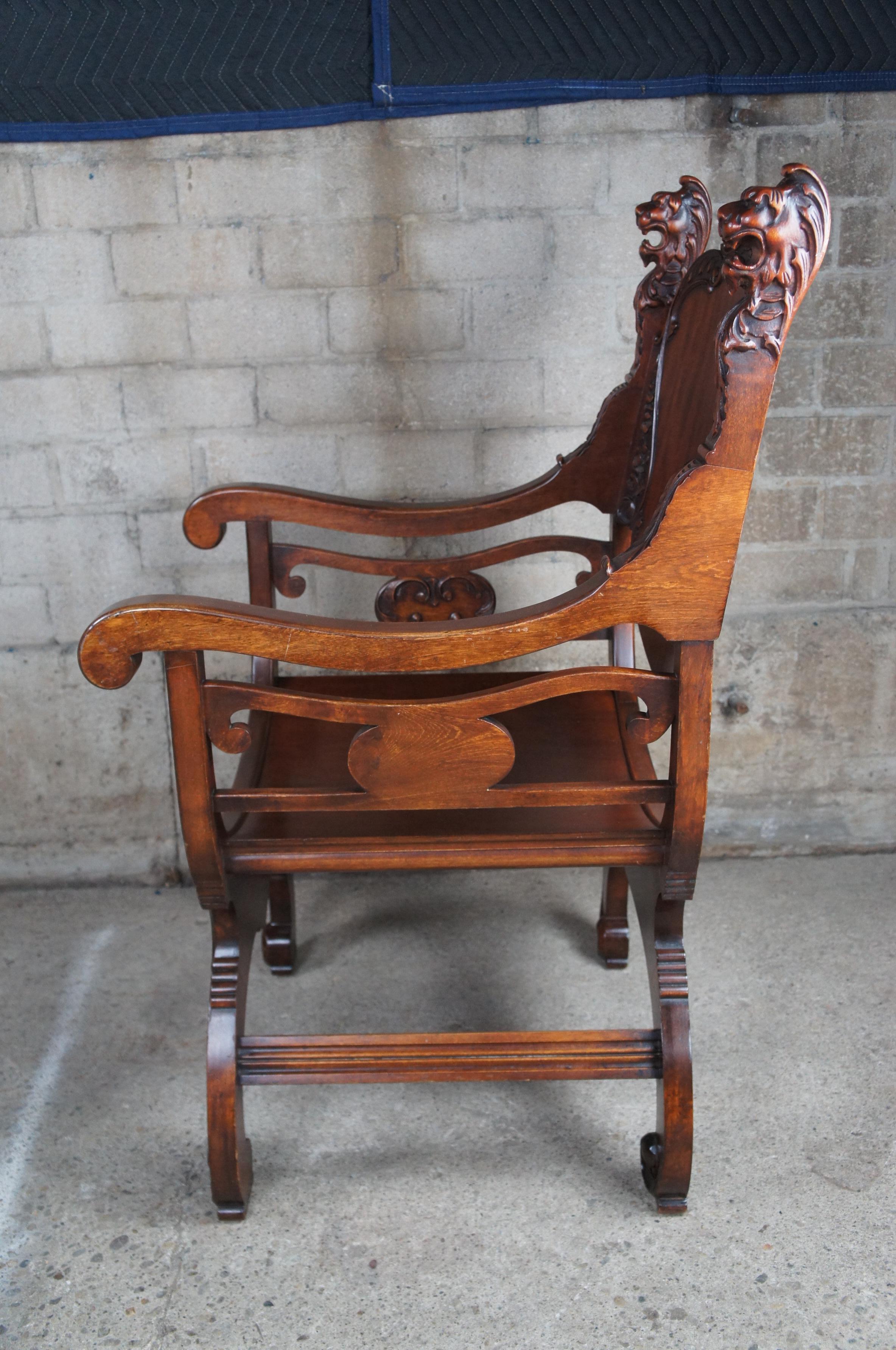 Antique Renaissance Revival Mahogany Curule Savonarola Lion Throne Arm Chair For Sale 5