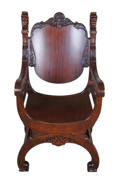 Antique Revival Renaissance Acajou Curule Savonarola Lion Throne Arm Chair