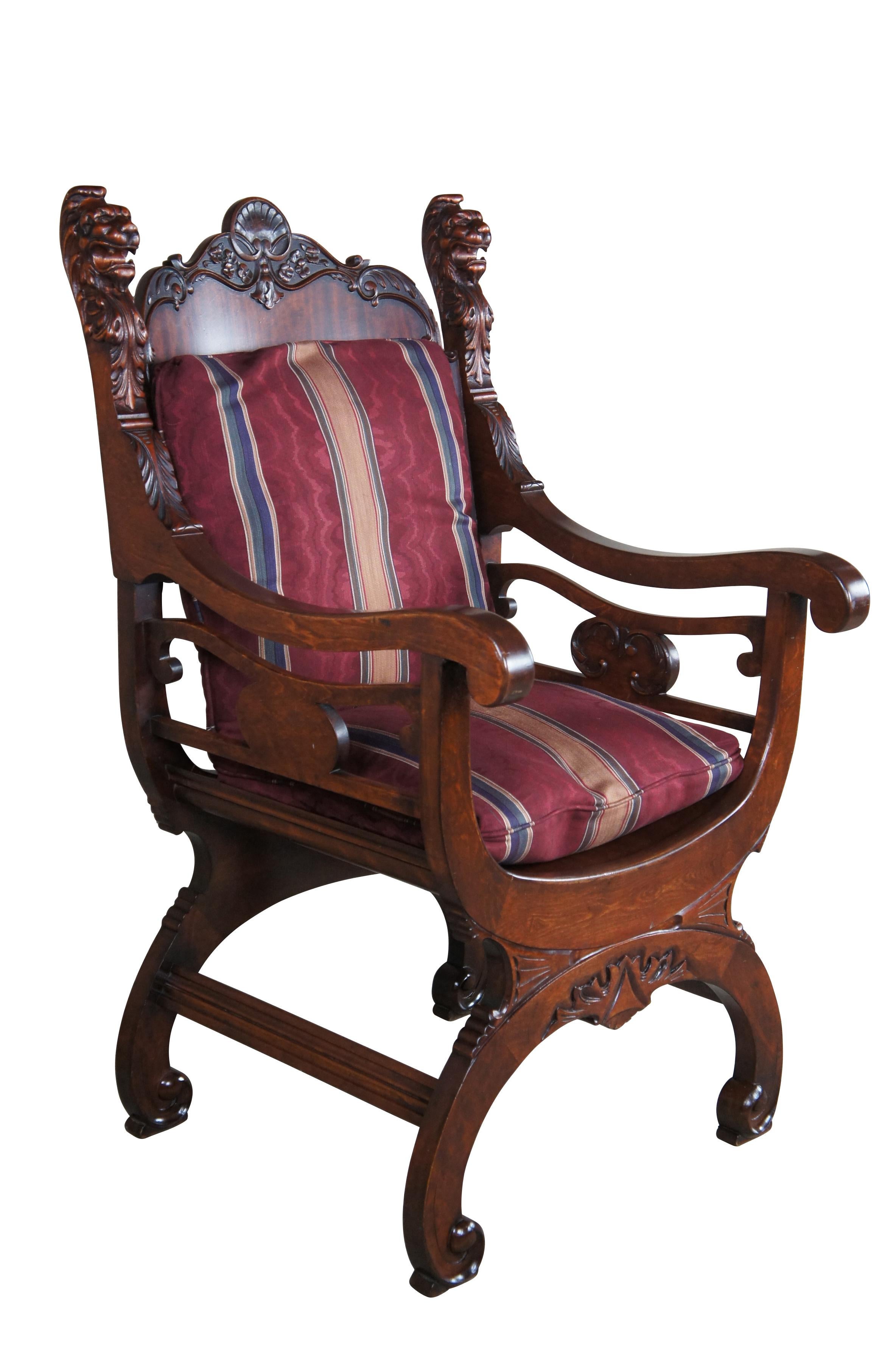Néo-Renaissance Antique Revival Renaissance Acajou Curule Savonarola Lion Throne Arm Chair en vente