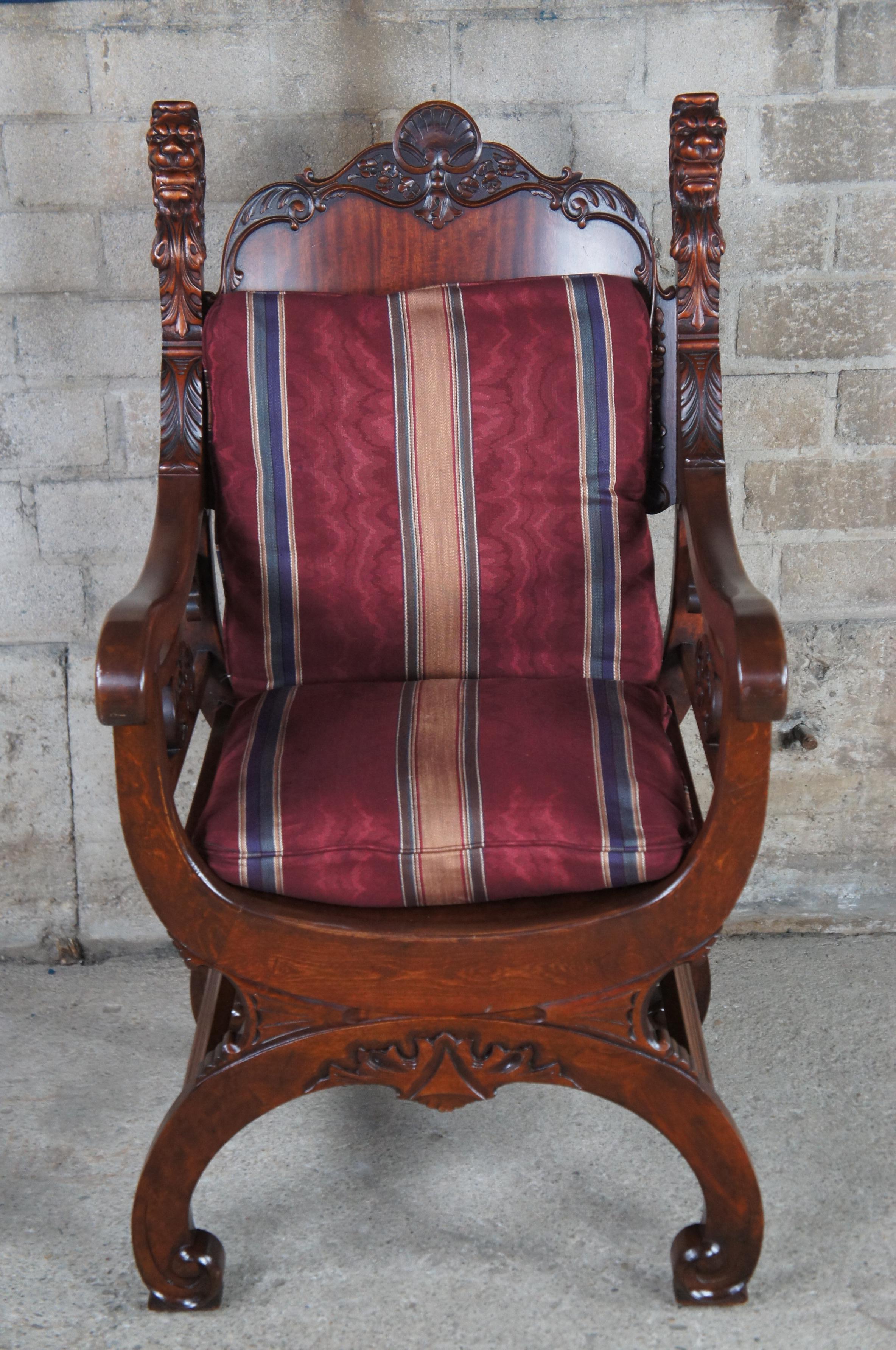 Antique Revival Renaissance Acajou Curule Savonarola Lion Throne Arm Chair Bon état - En vente à Dayton, OH
