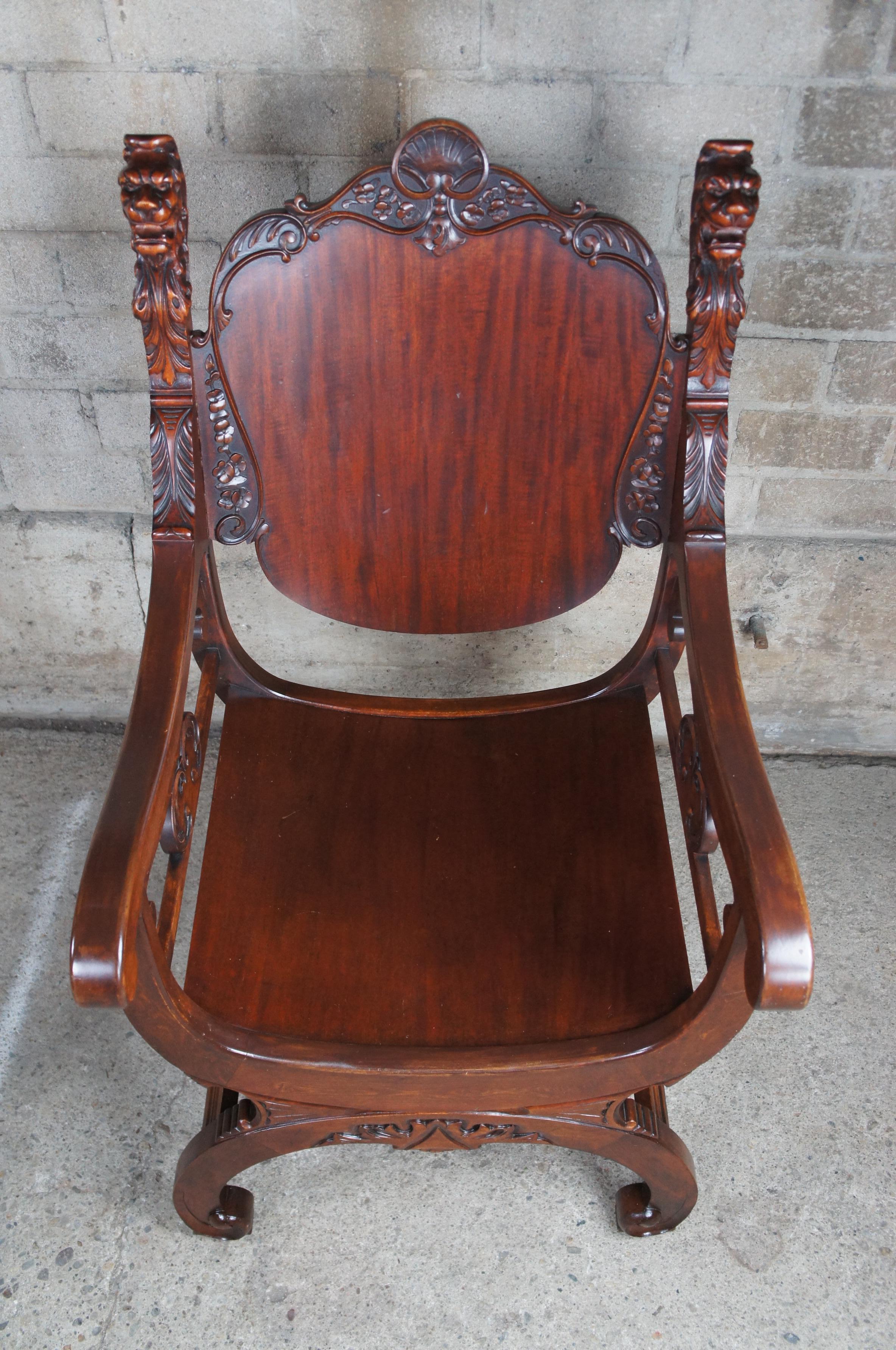 Antique Renaissance Revival Mahogany Curule Savonarola Lion Throne Arm Chair In Good Condition For Sale In Dayton, OH