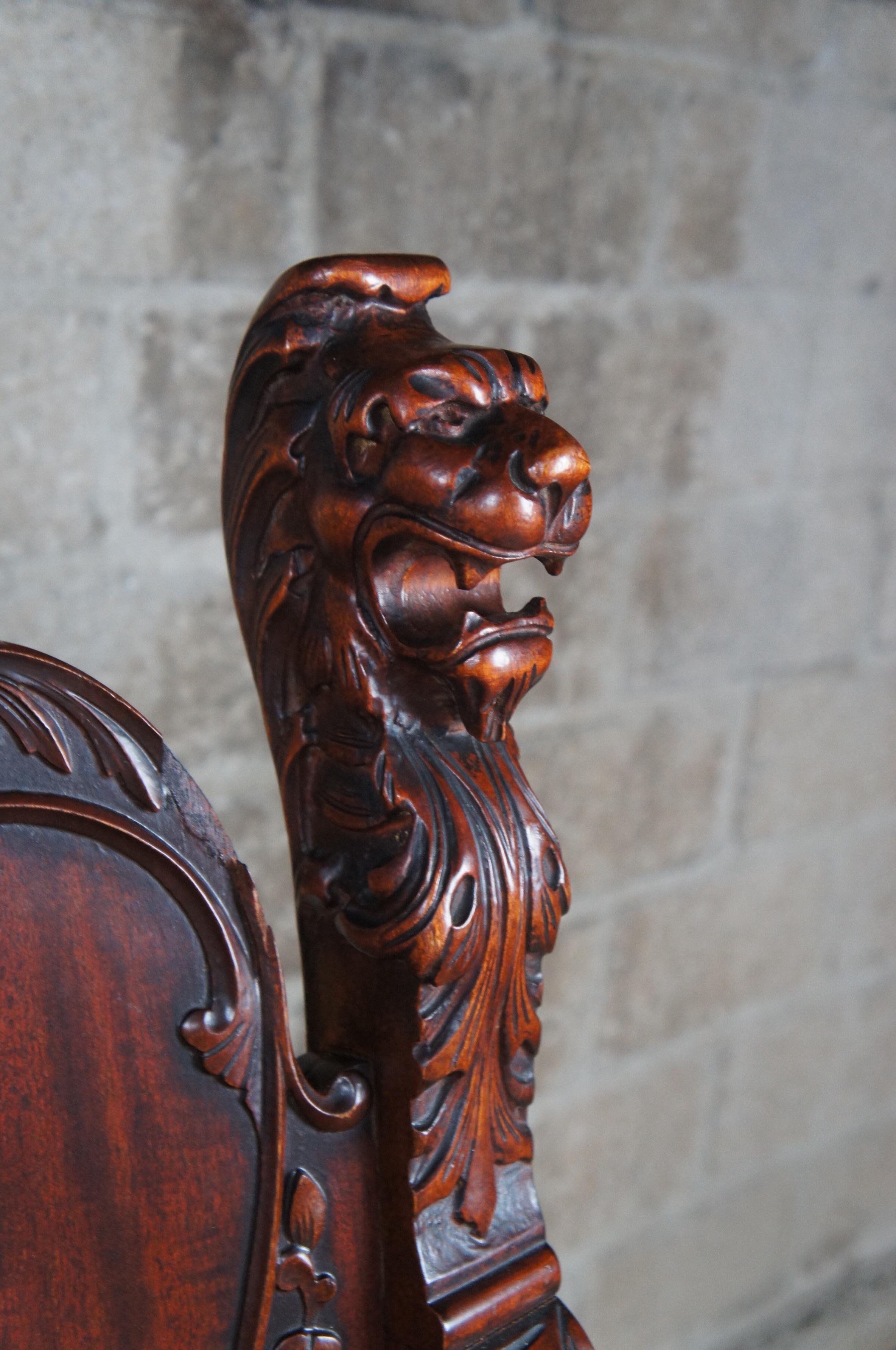 Upholstery Antique Renaissance Revival Mahogany Curule Savonarola Lion Throne Arm Chair For Sale