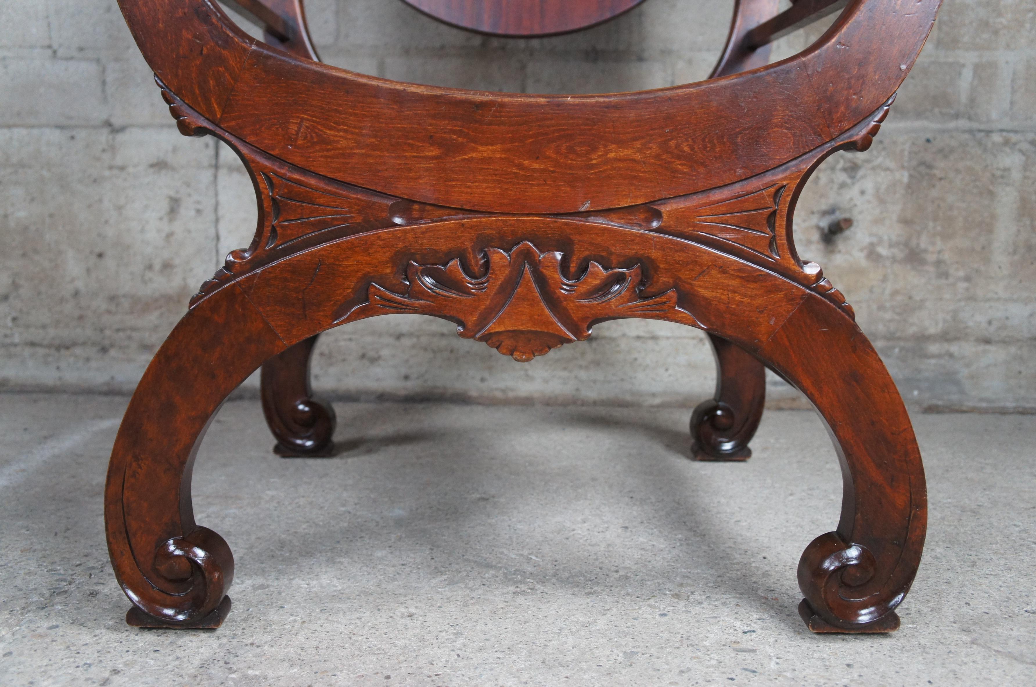 Antique Renaissance Revival Mahogany Curule Savonarola Lion Throne Arm Chair For Sale 1