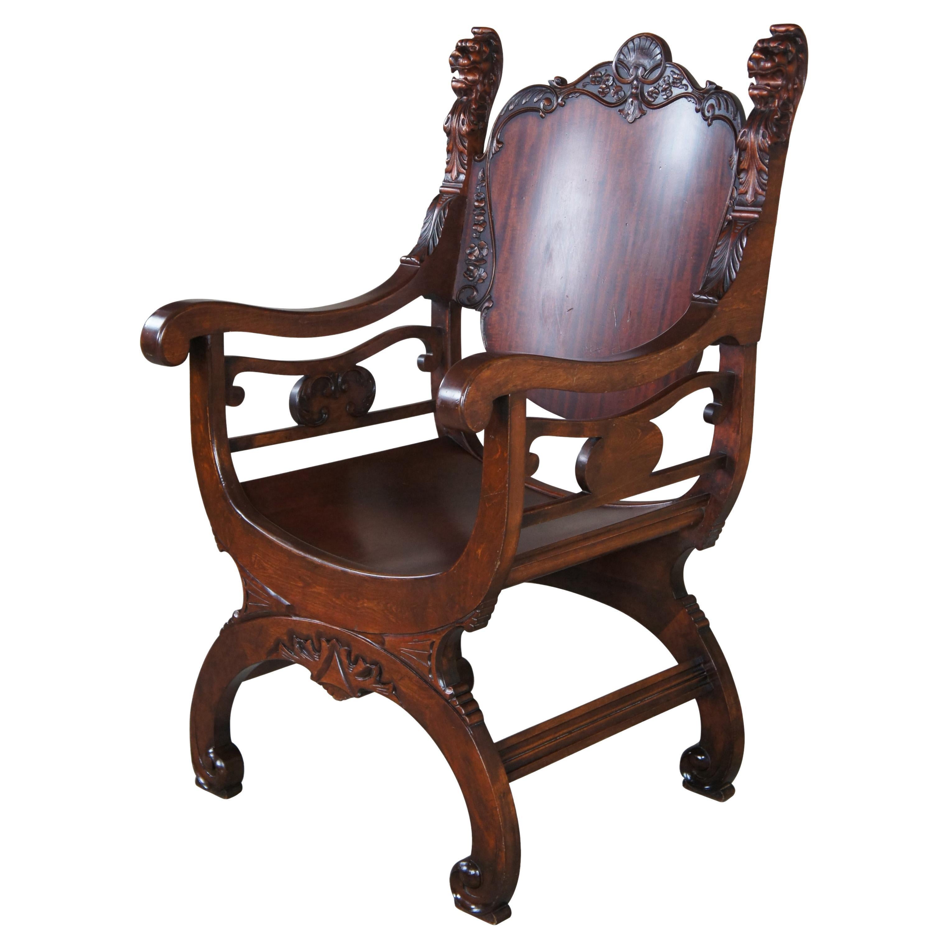 Antique Renaissance Revival Mahogany Curule Savonarola Lion Throne Arm Chair For Sale