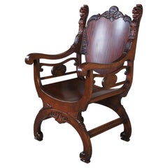 Vintage Renaissance Revival Mahogany Curule Savonarola Lion Throne Arm Chair